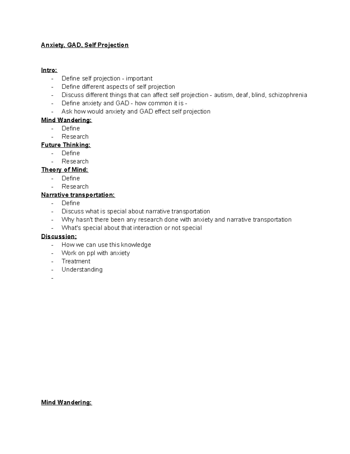 Research Outline - FULL NOTES - Anxiety, GAD, Self Projection Intro ...