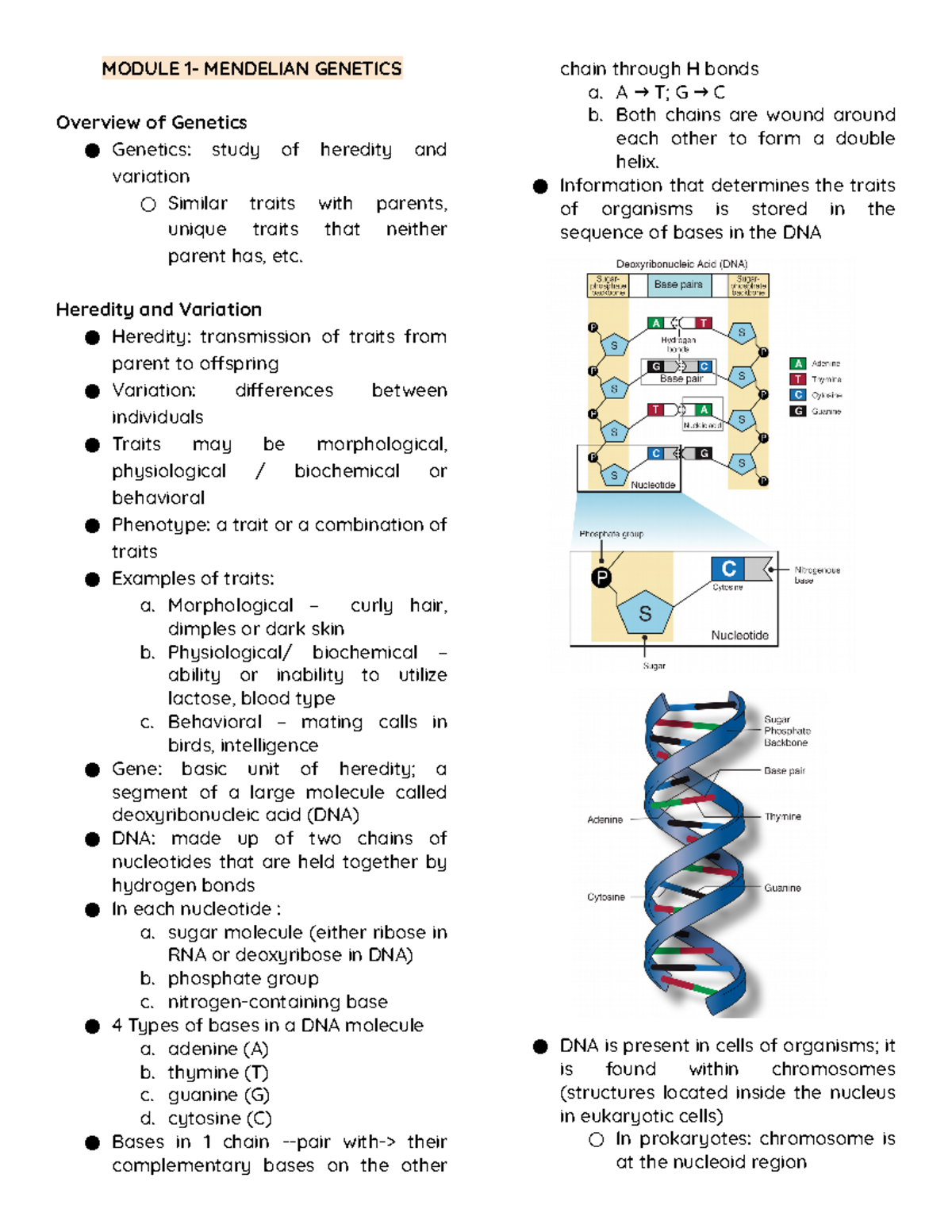 140 LEC Notes - MODULE 1- MENDELIAN GENETICS Overview of Genetics ...