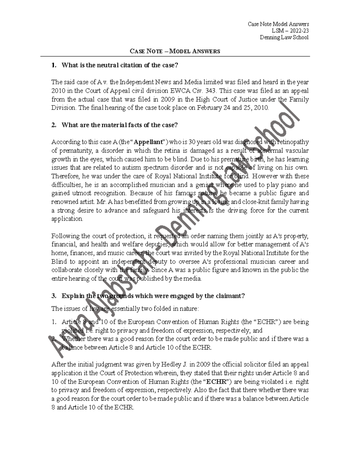 Model Answers for Part A 2023 LSM 2022 Denning Law School CASE