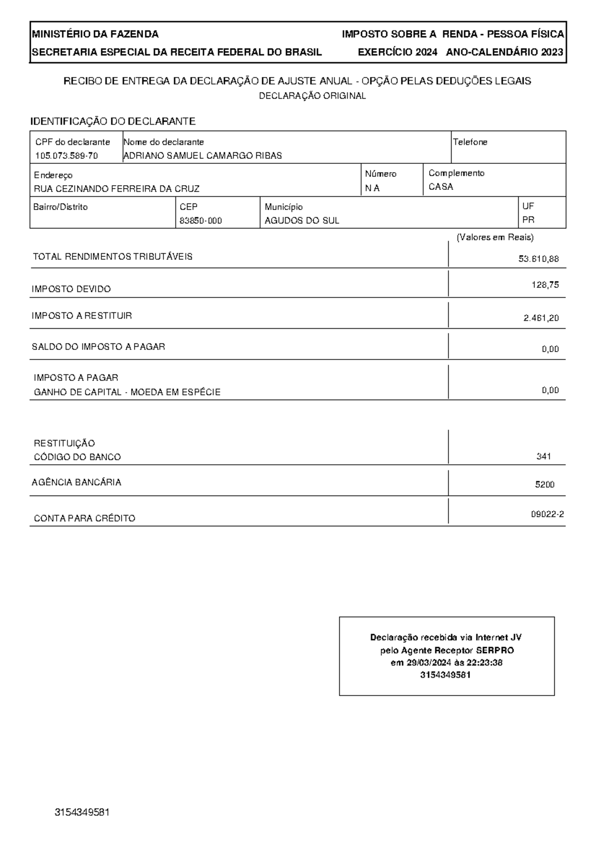 10507358970 IRPF A 2024 2023 Origi Recibo MINISTÉRIO DA FAZENDA