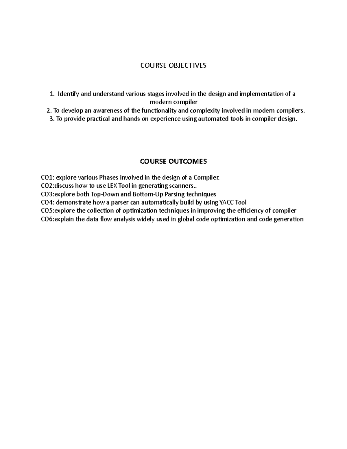 Objectivesandoutcomes-CD - COURSE OBJECTIVES Identify and understand ...