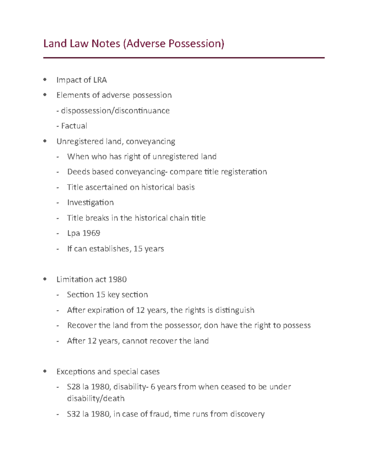 Adverse possession law 24th oct - Land Law Notes (Adverse Possession ...