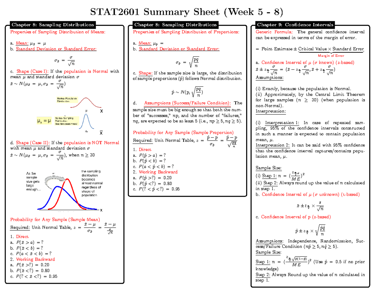 STAT2601 Summary Sheet Part II - STAT2601 Summary Sheet (Week 5 - 8 ...