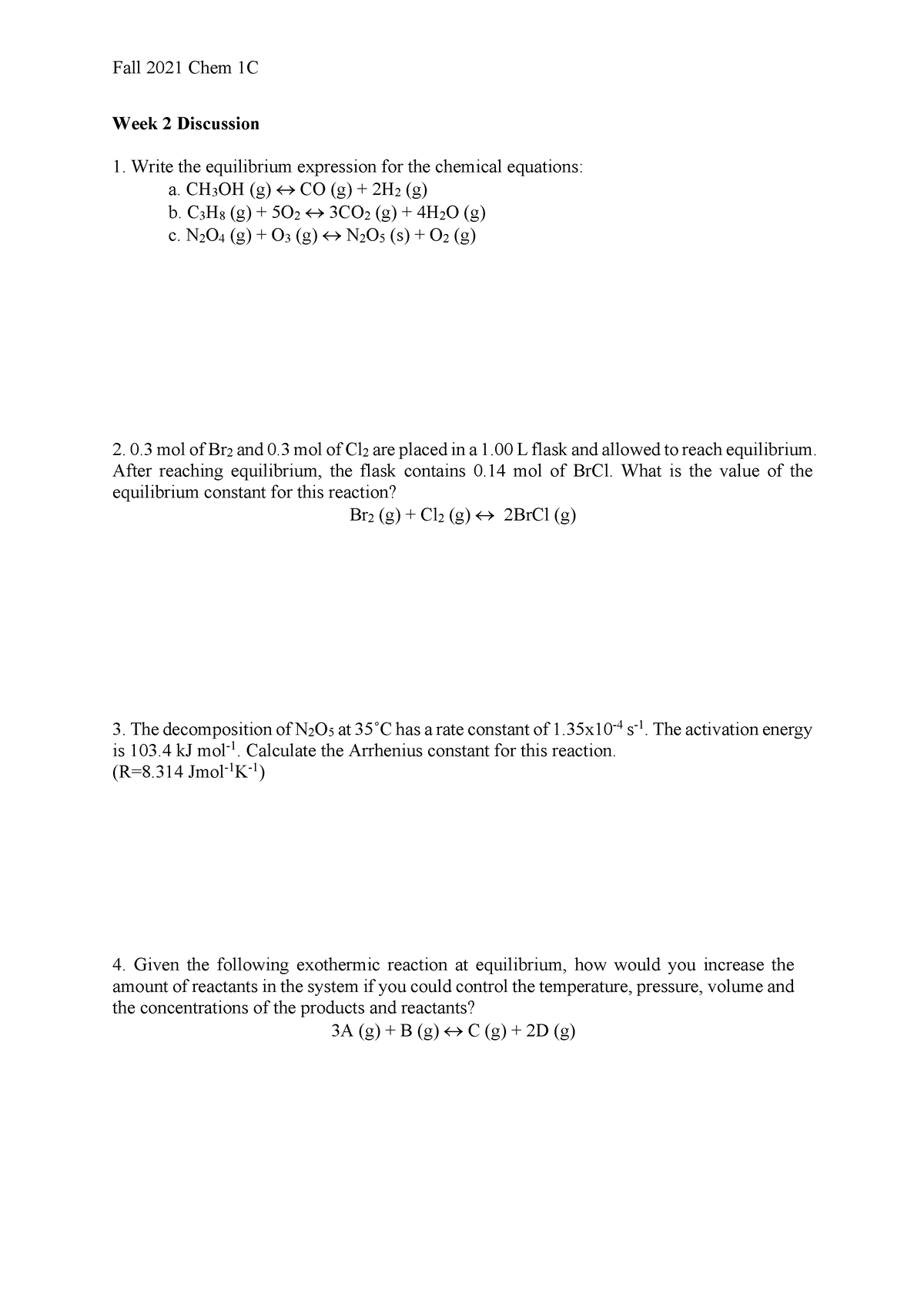 Week 2 Discussion Worksheet - Fall 2021 Chem 1C Week 2 Discussion 1 ...