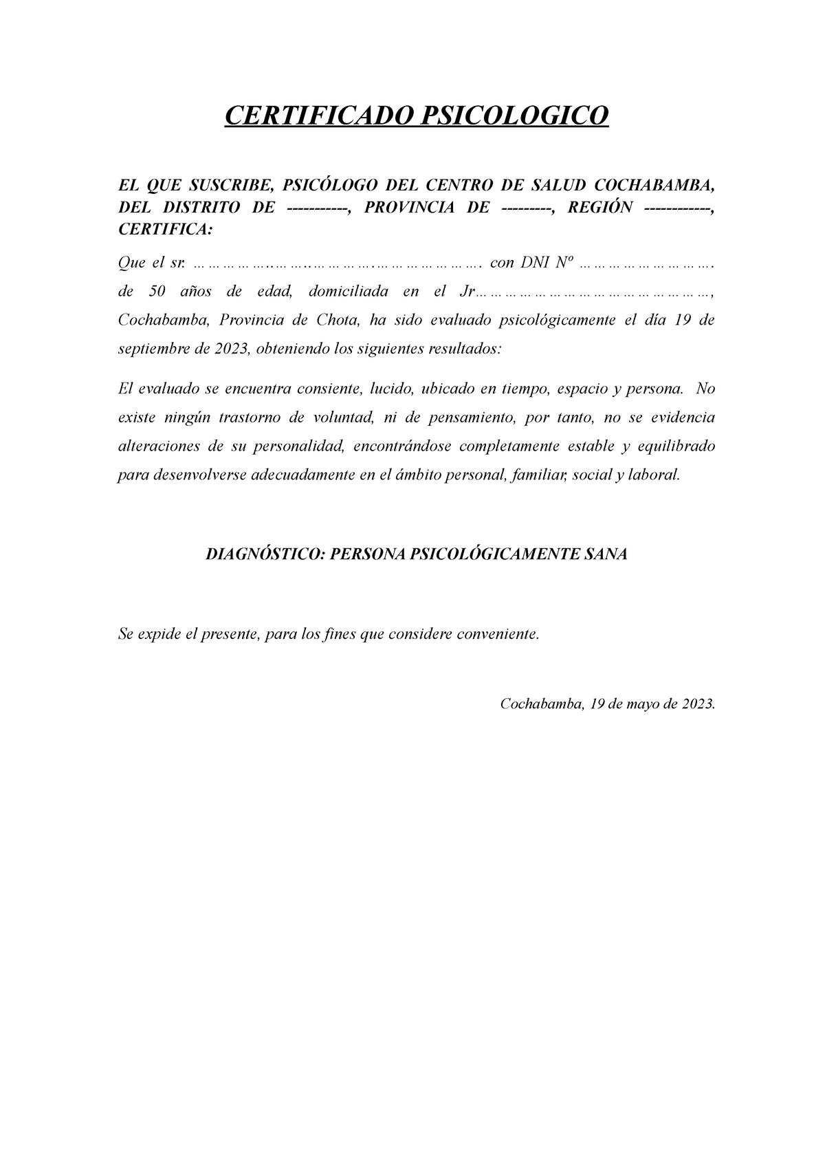 Modelo Certificado Psicologico Certificado Psicologico El Que Suscribe PsicÓlogo Del Centro 3503