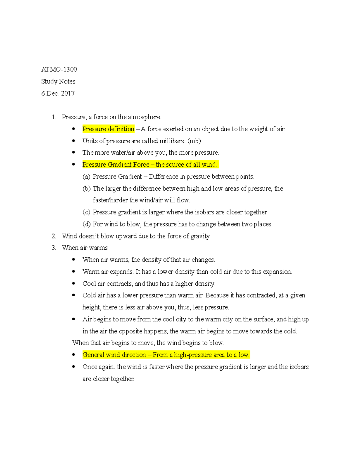 ATMO-1300 Final Notes - ATMO- Study Notes 6 Dec. 2017 Pressure, a force ...