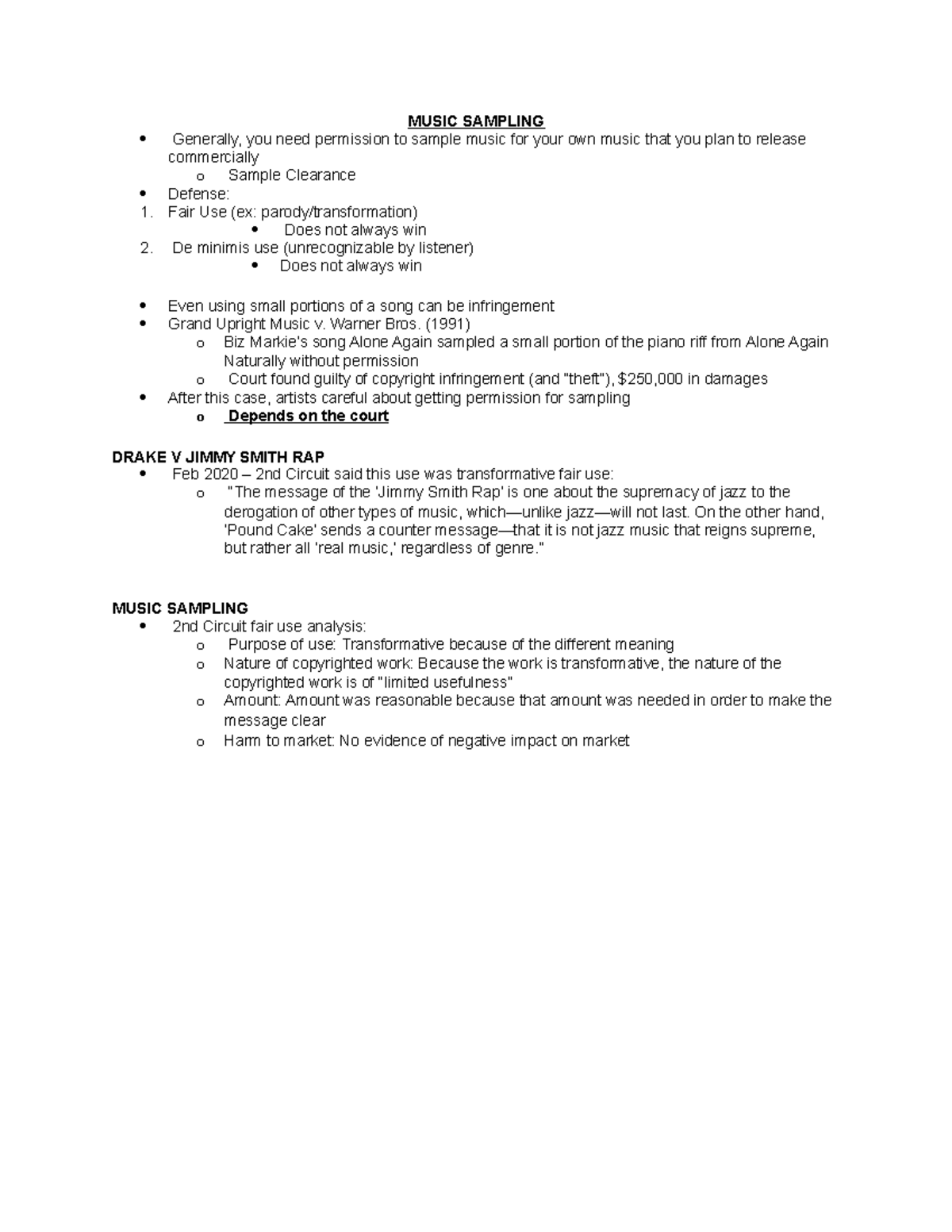 Music Sampling Journalism Law MW F22 MUSIC SAMPLING Generally, you