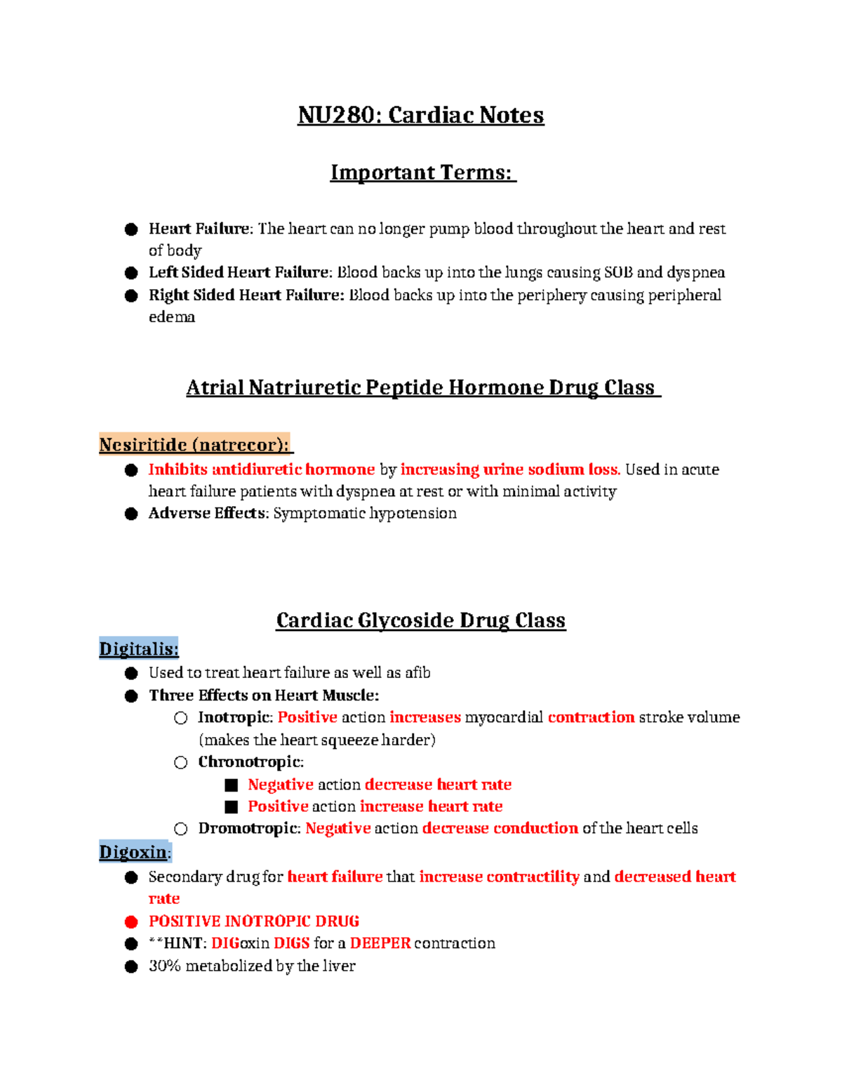 NU280 Cardiac Notes - NU280: Cardiac Notes Important Terms: Heart ...