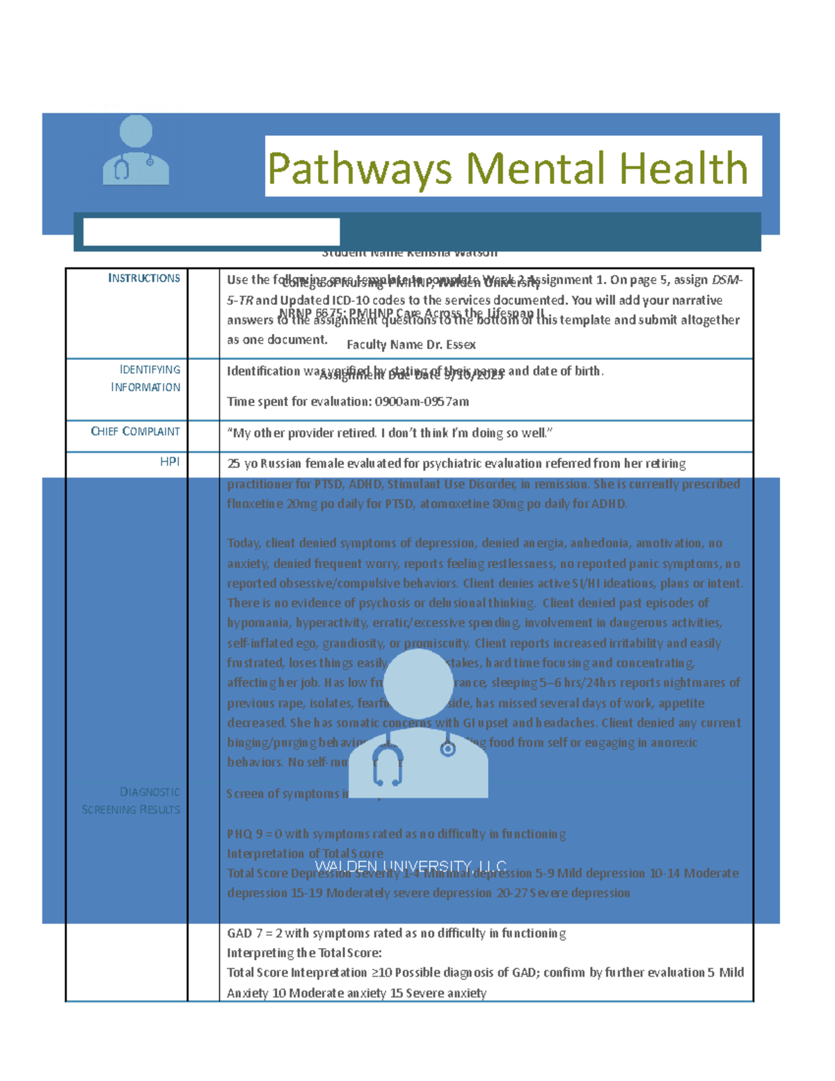Completed NRNP 6675 Week 2 E M Patient Case Study Rev. 6 - WALDEN ...