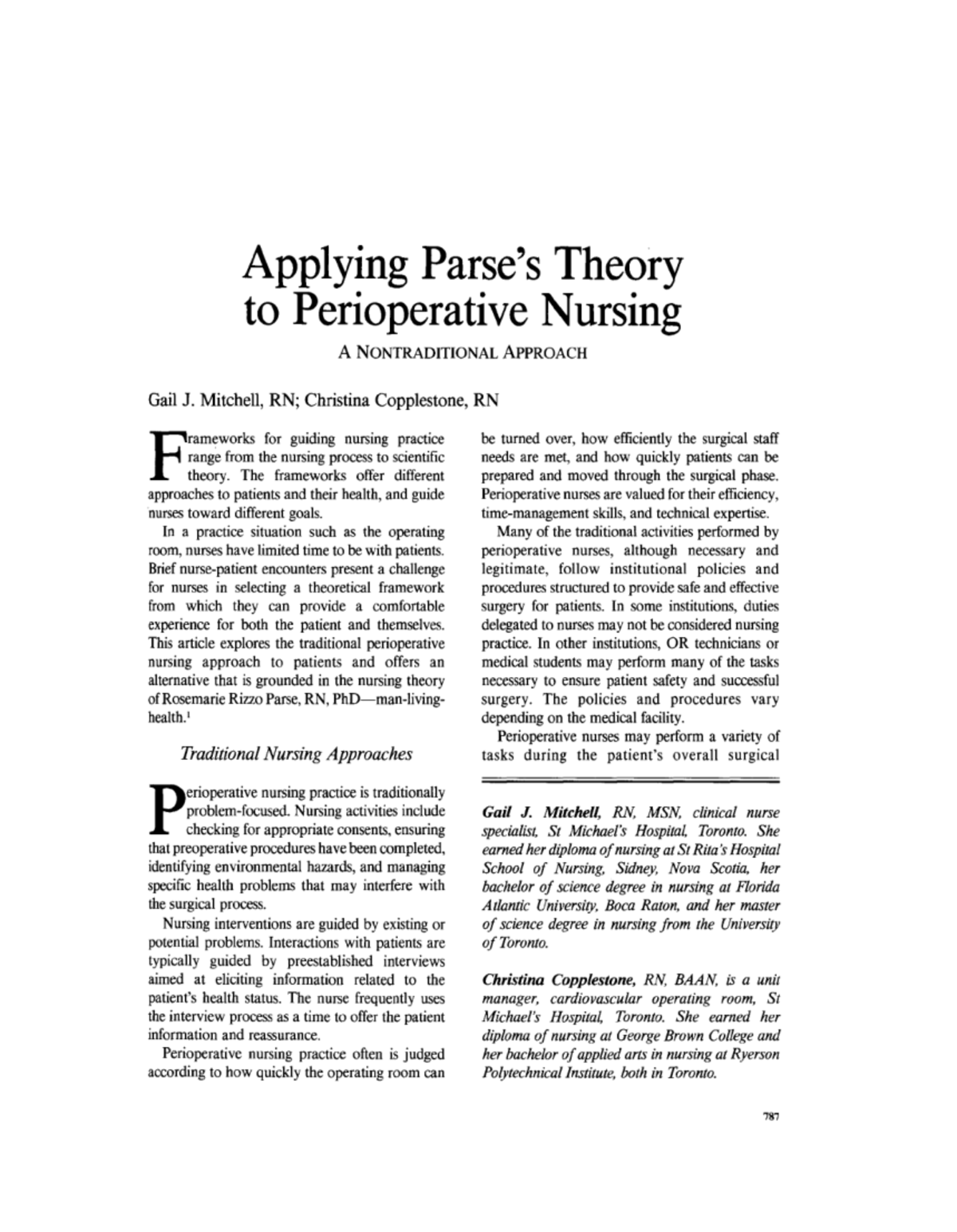 Applying parse's theory to periopritve nursing artical - NURS2810U ...