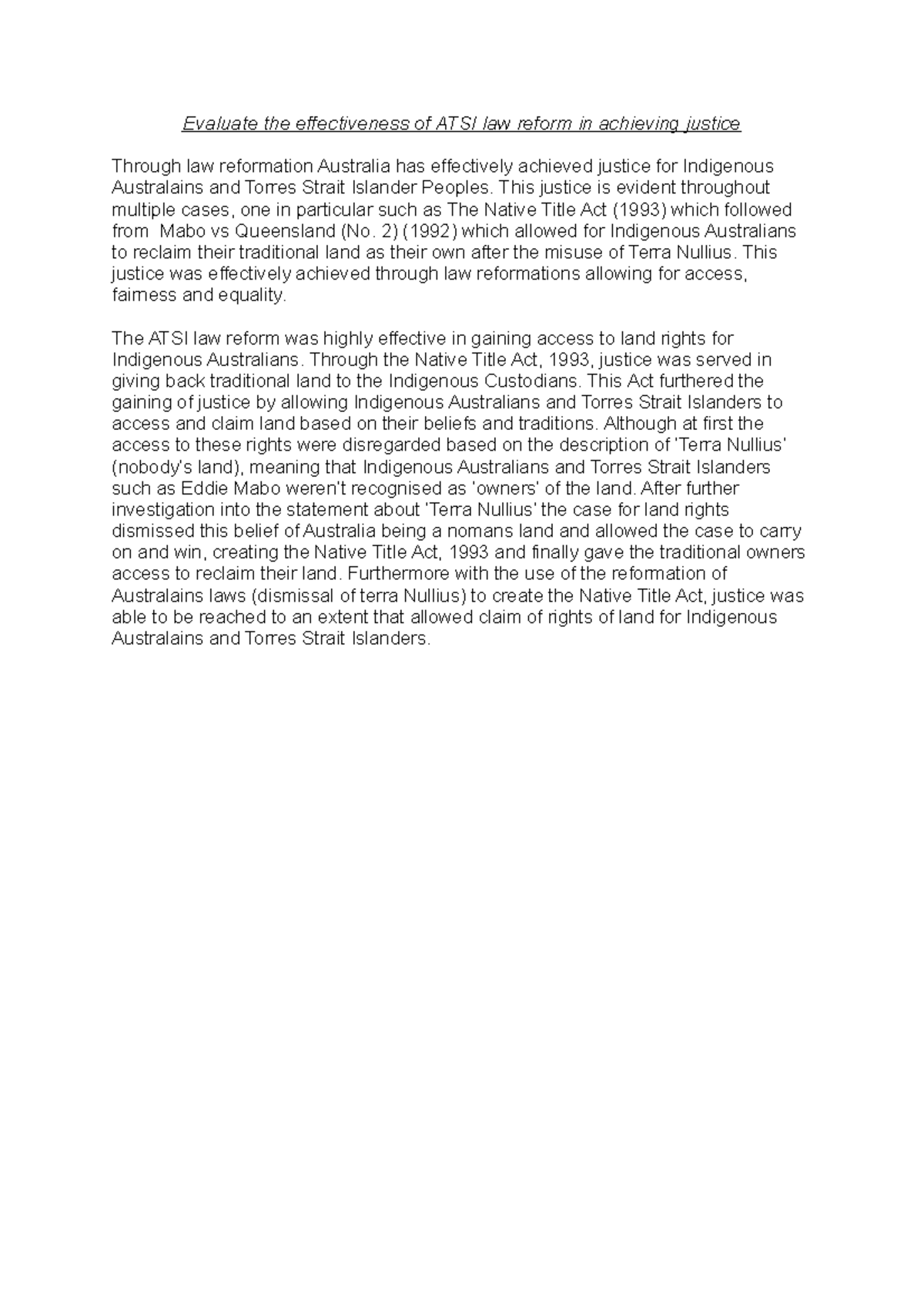 Effectiveness of law in terms of native title - Evaluate the ...