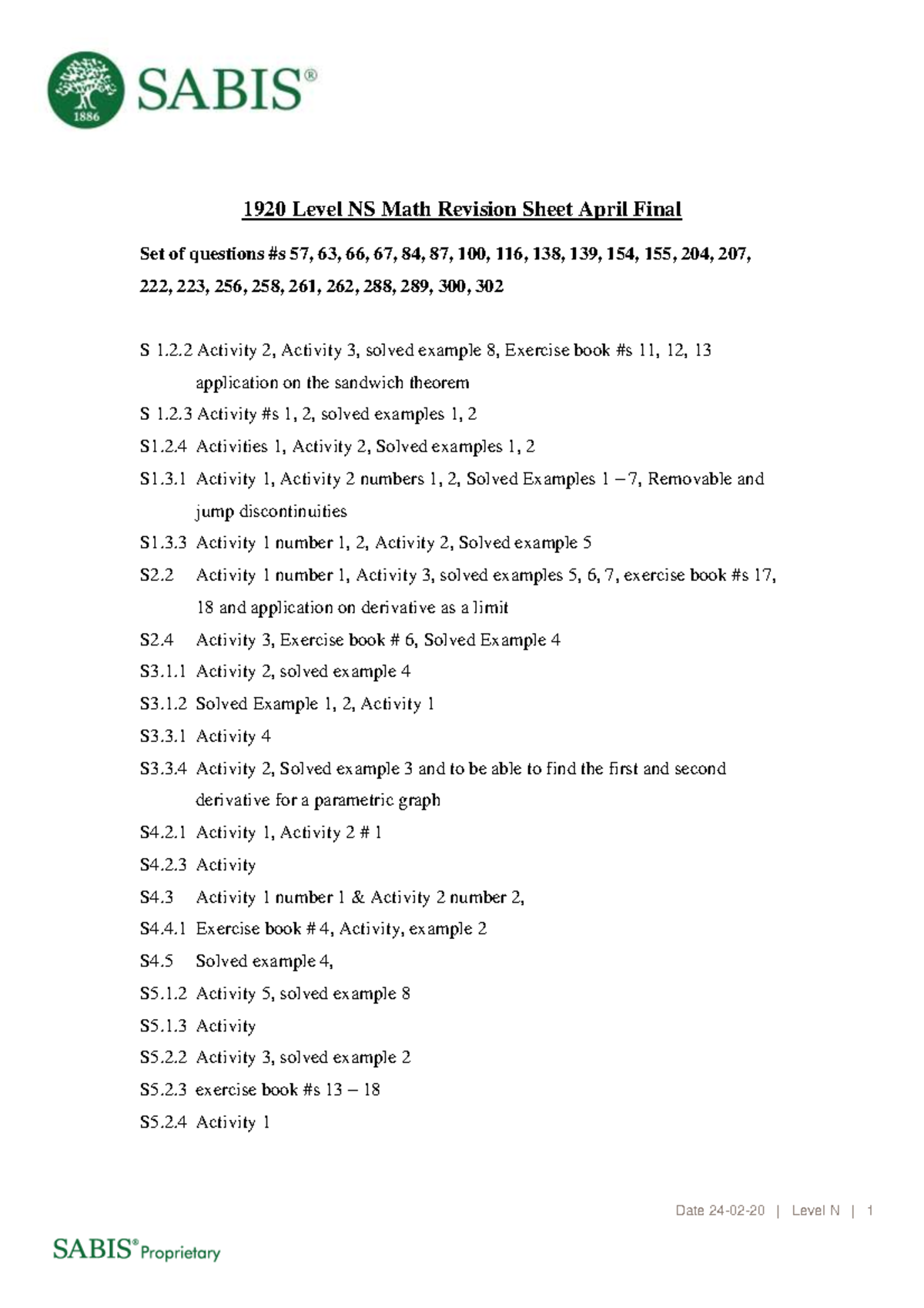 1920 Level NS Math Revision Sheet April Final Studocu
