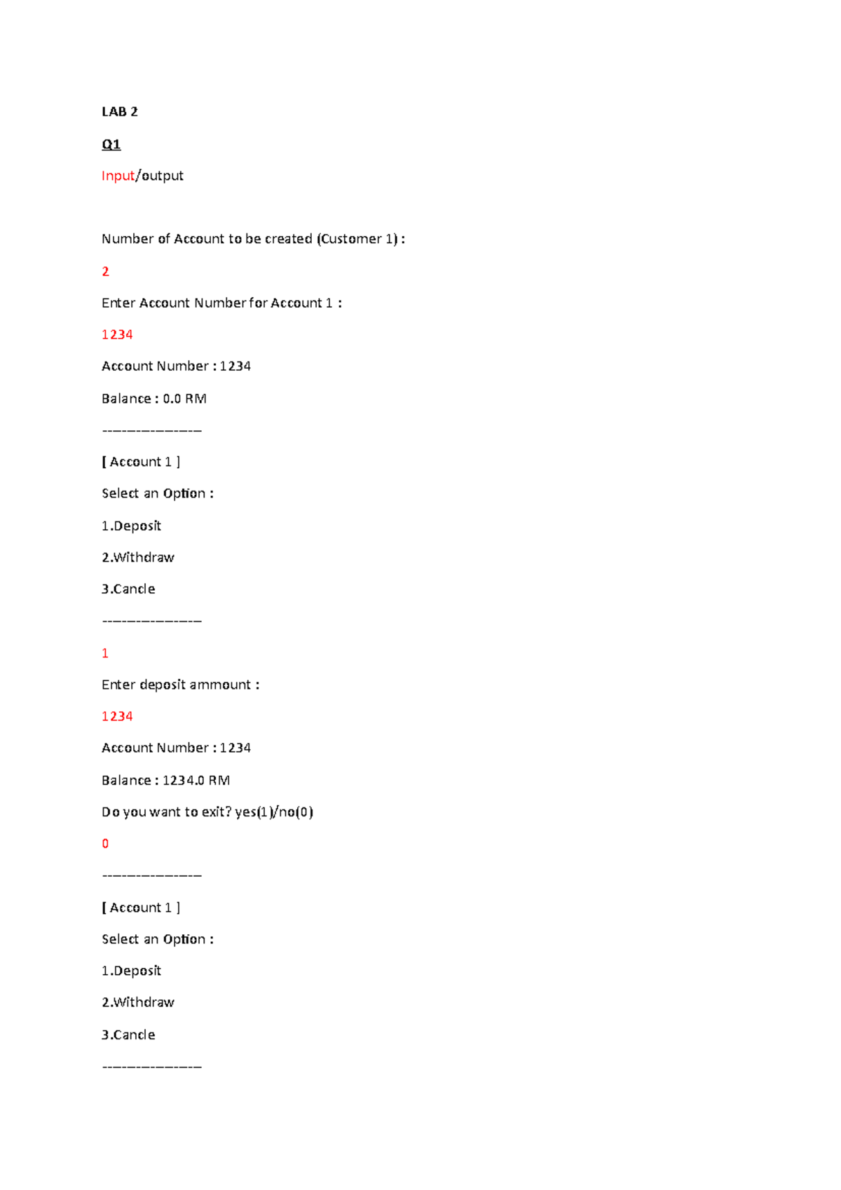 Sample io Lab2 - LAB 2 Q Input/output Number of Account to be created ...