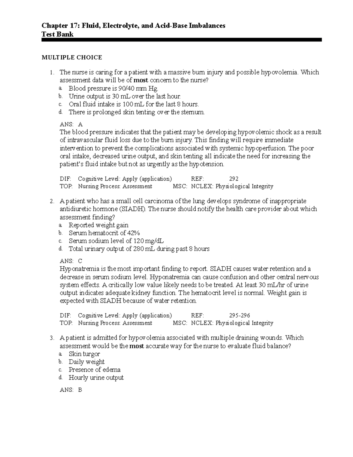 Ch17 - Practice Questions - Chapter 17: Fluid, Electrolyte, And Acid ...