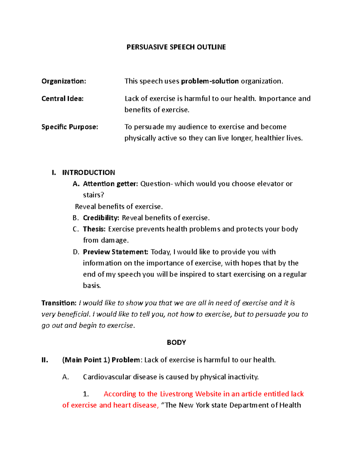 persuasive speech outline exercise