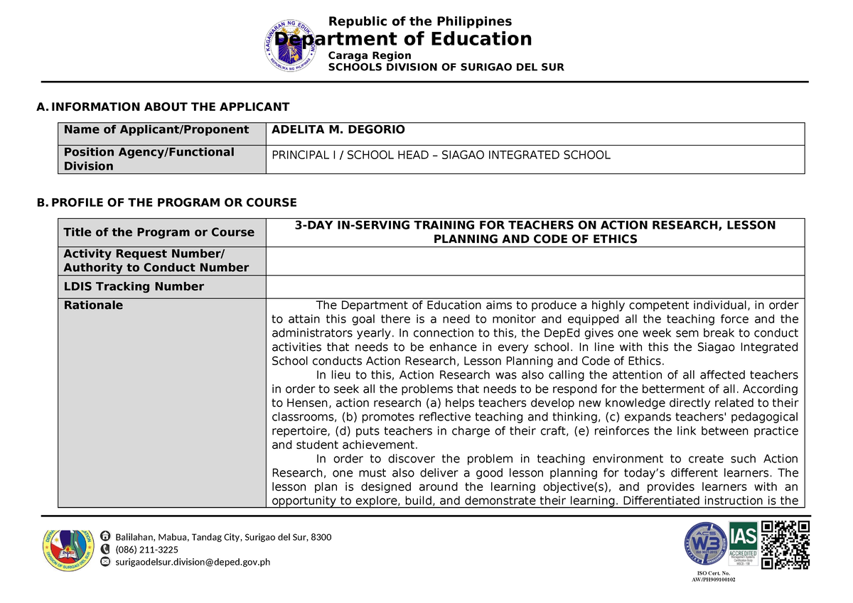 Sis Training Design Matrix - Iso Cert. No. Department Of Education 