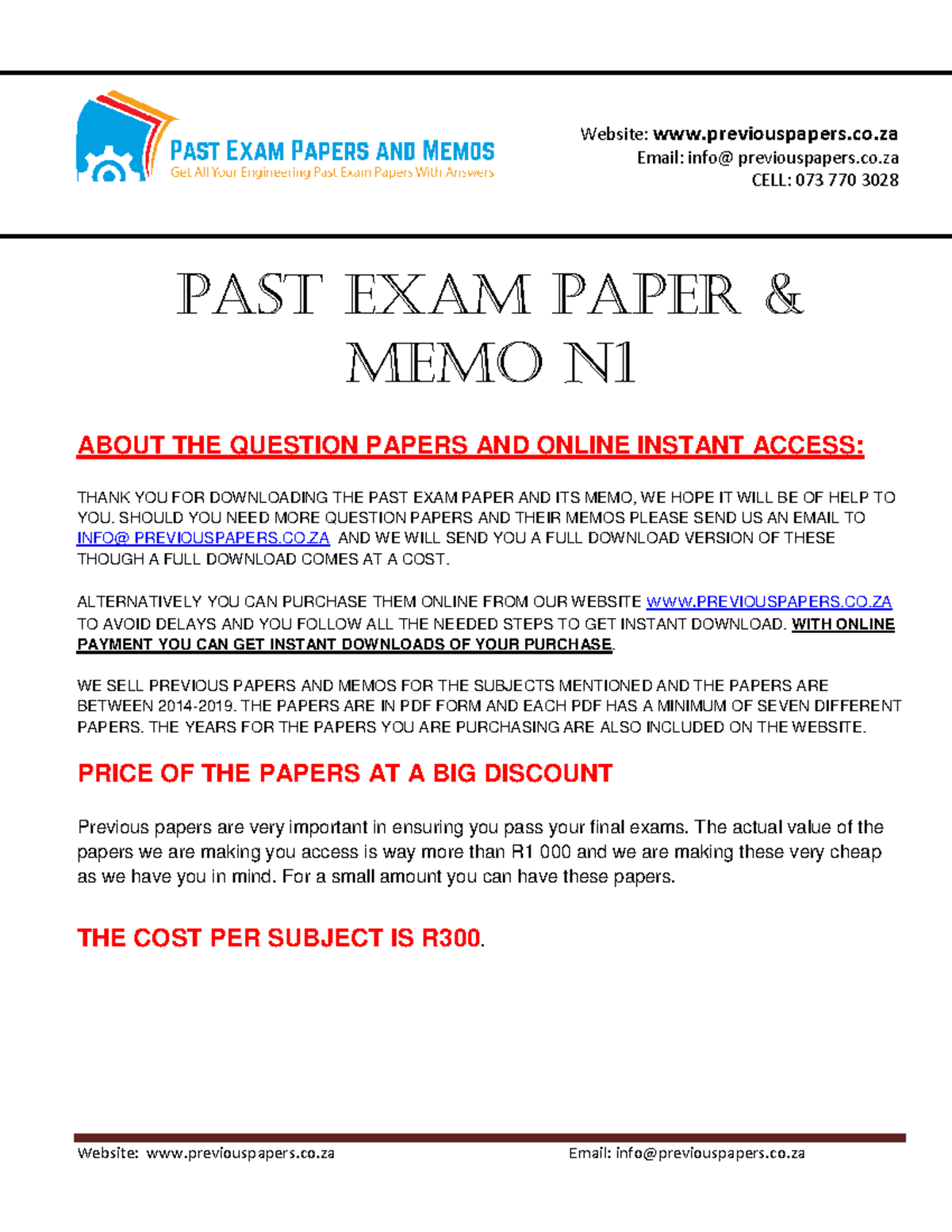 FREE Mathematics N1 Question MEMO Download - Website: previouspapers ...