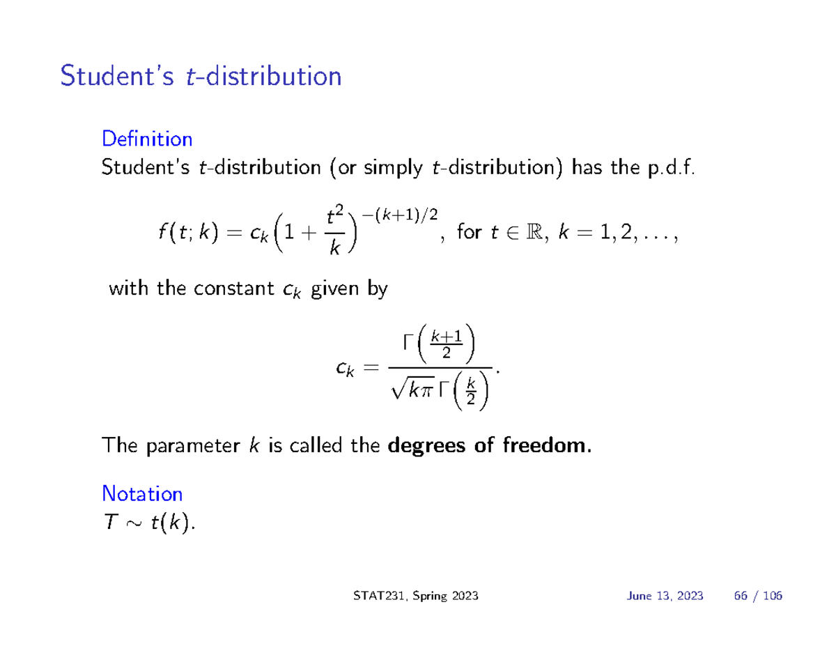 Chapter 4 W6 lecture notes Student’s tdistribution Definition