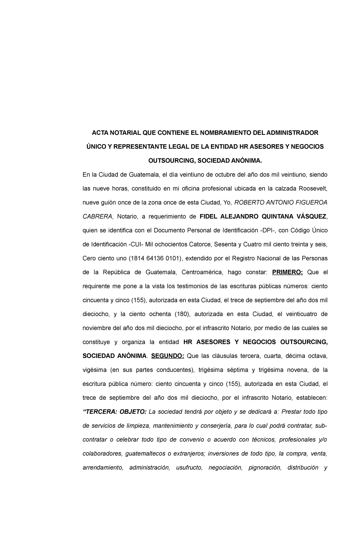 Nombramiento Administrador Unico Hr Asesores S A 2021 Acta Notarial