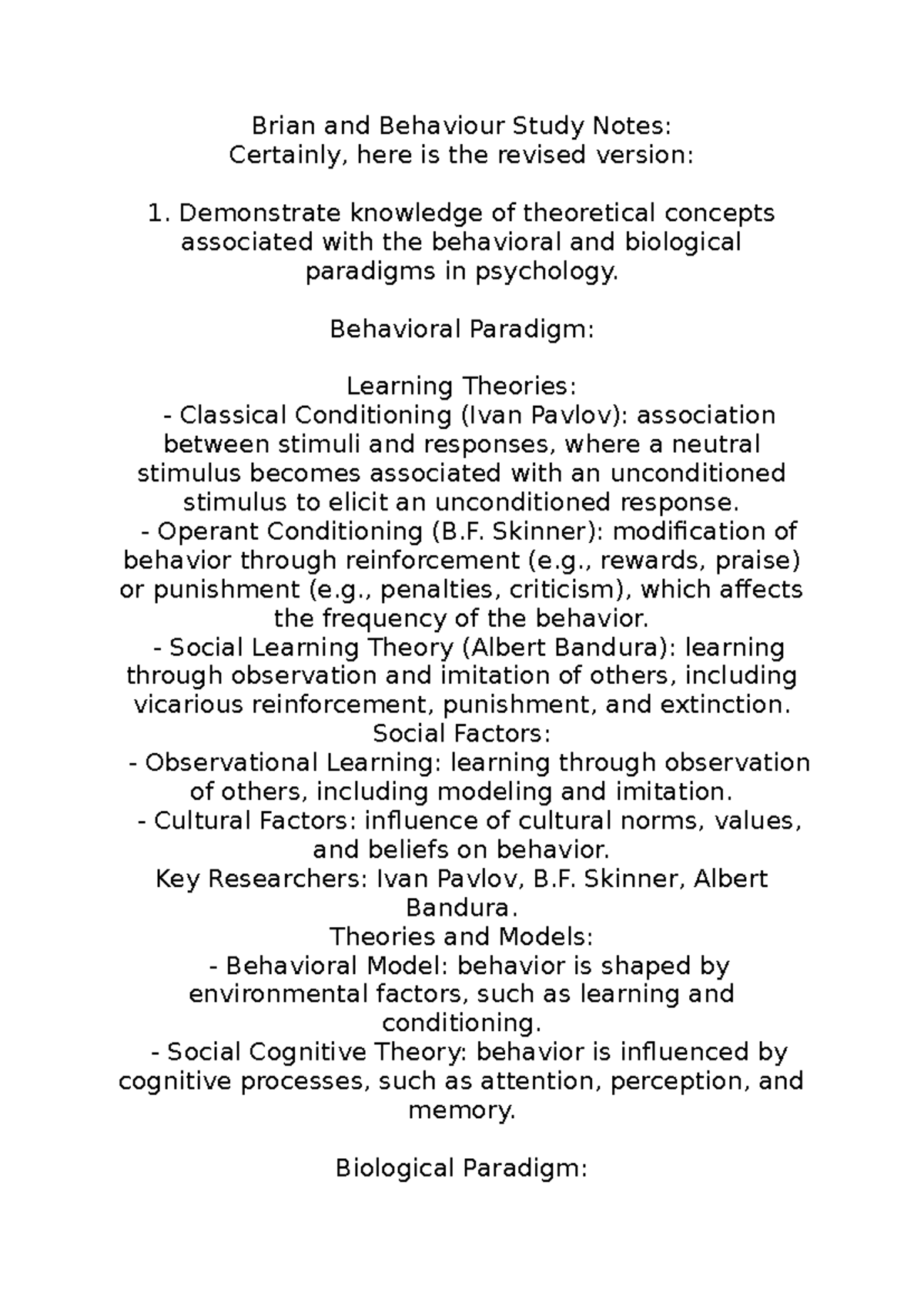Brain and Behaviour Notes 2024 - Brian and Behaviour Study Notes ...