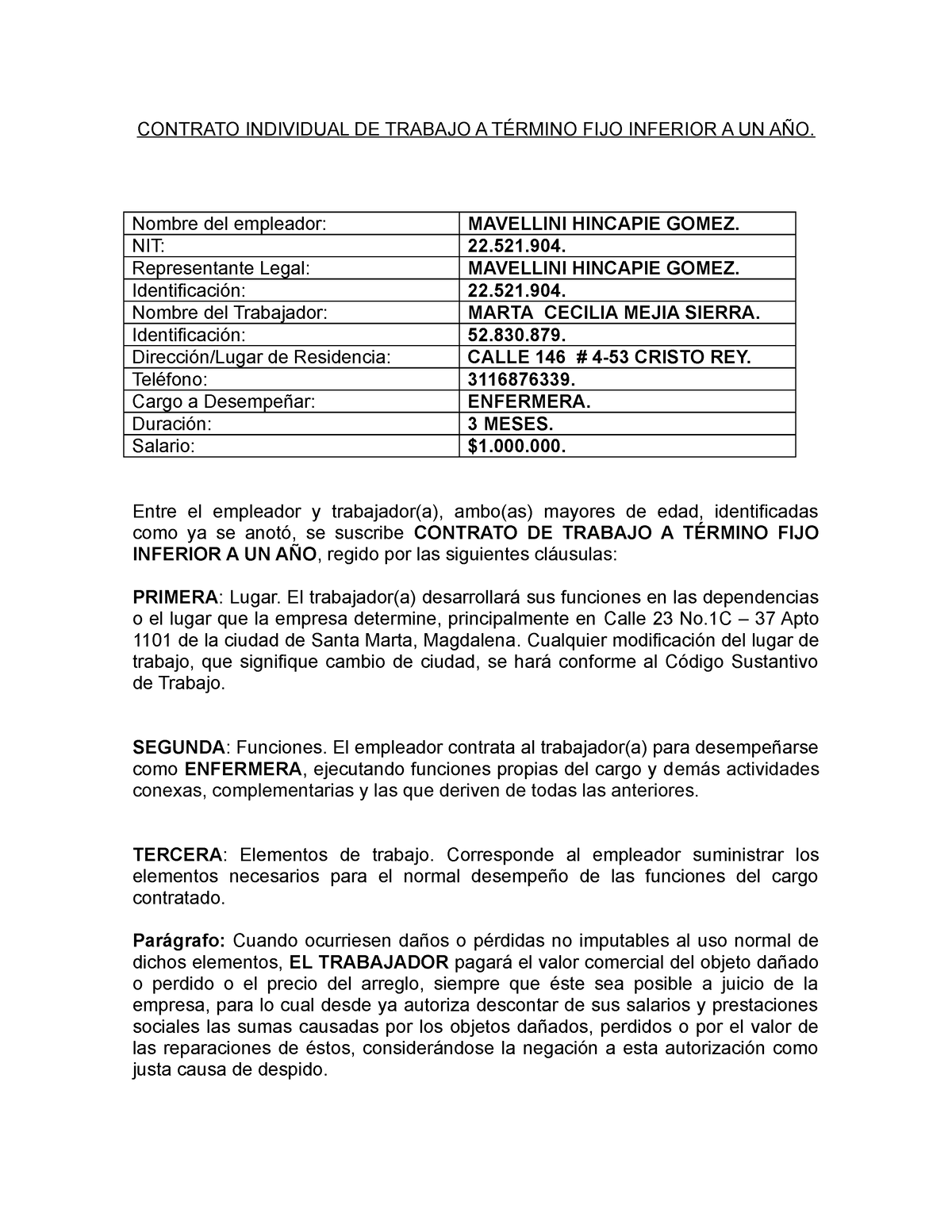Contrato Individual DE Trabajo A Término Indefinido Enfermera - CONTRATO  INDIVIDUAL DE TRABAJO A - Studocu