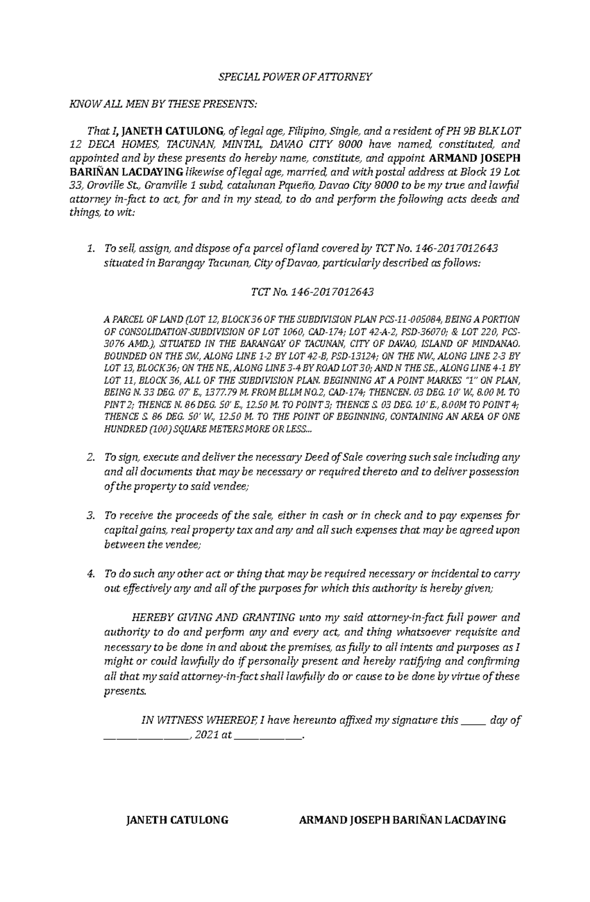 Sample Special Power Of Attorney To Sign Extrajudicial Settlement