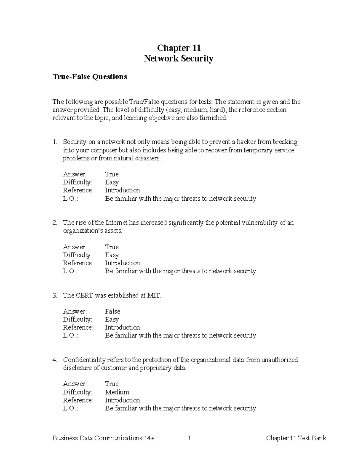 Ch11 - Testbank For Isds409 - Chapter 11 Network Security True-False ...