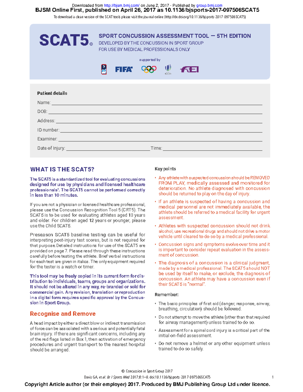 Sport concussion assessment tool 5th edition Davis GA, et