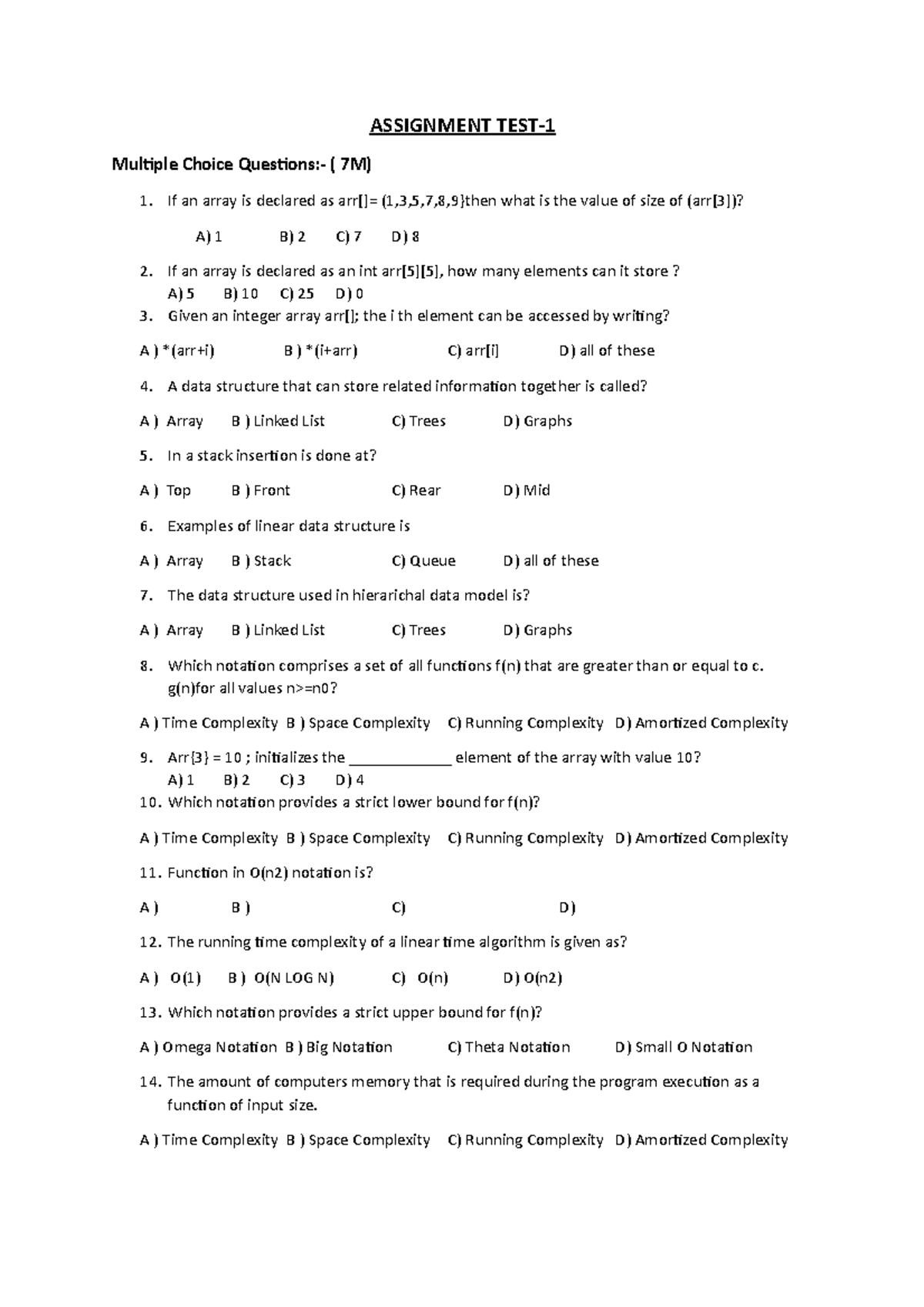 Assignment TEST - ASSIGNMENT TEST- Multiple Choice Questions:- ( 7M) If ...