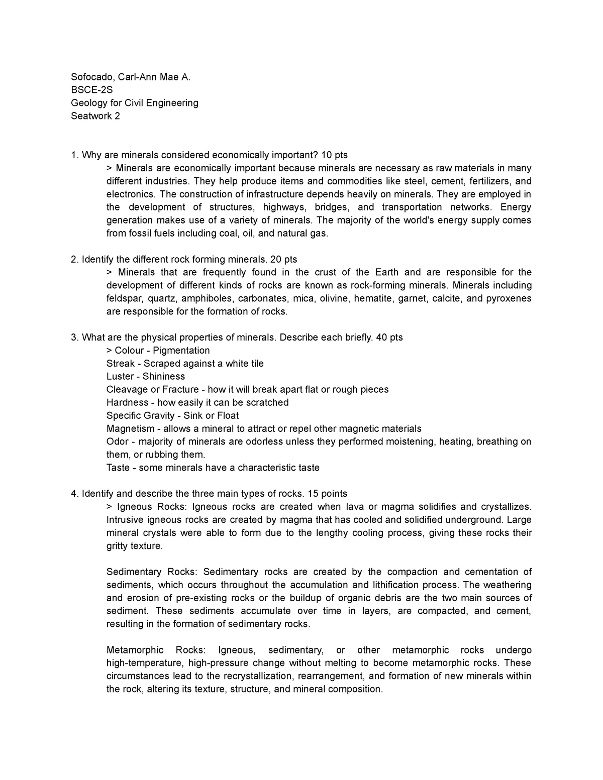 bsce - Seatwork 2 - Sofocado, Carl-Ann Mae A. BSCE-2S Geology for Civil ...