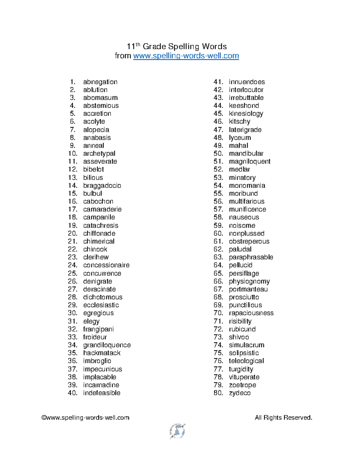 Grade 11 spelling words - ©spelling-words-well All Rights Reserved. 11 ...