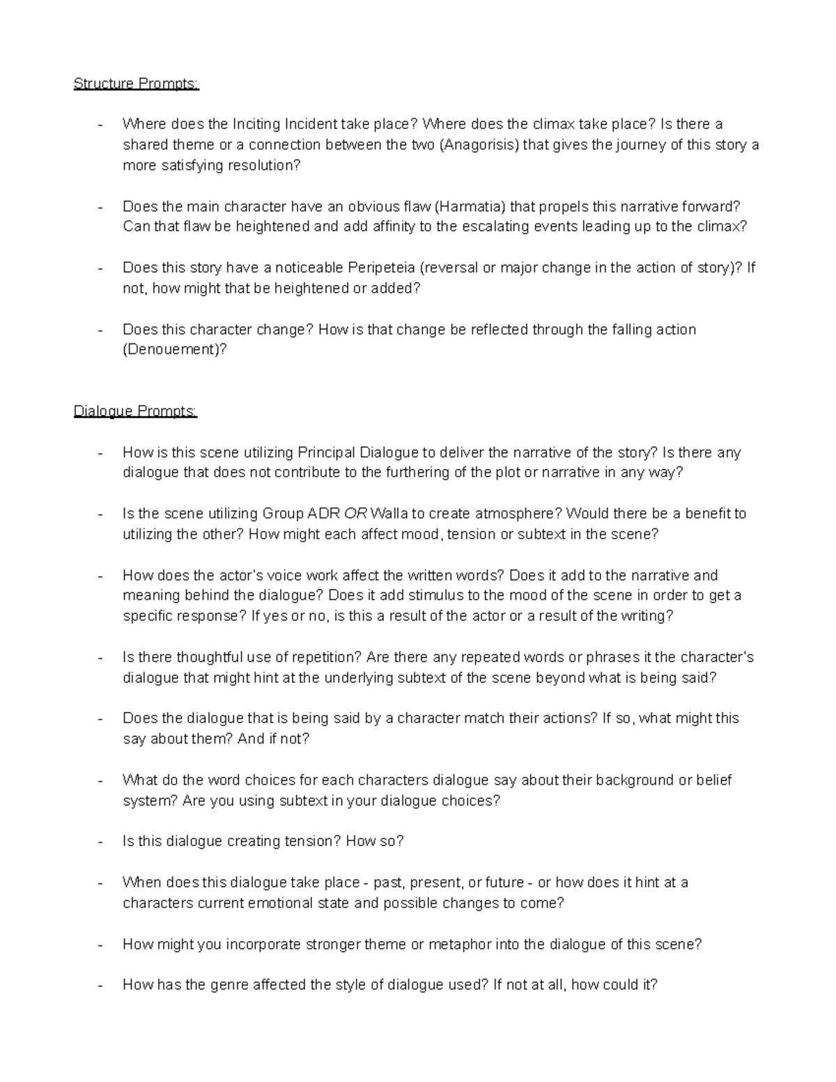 UNIT 1 - Screenwriting Prompts - Structure Prompts: Where does the ...