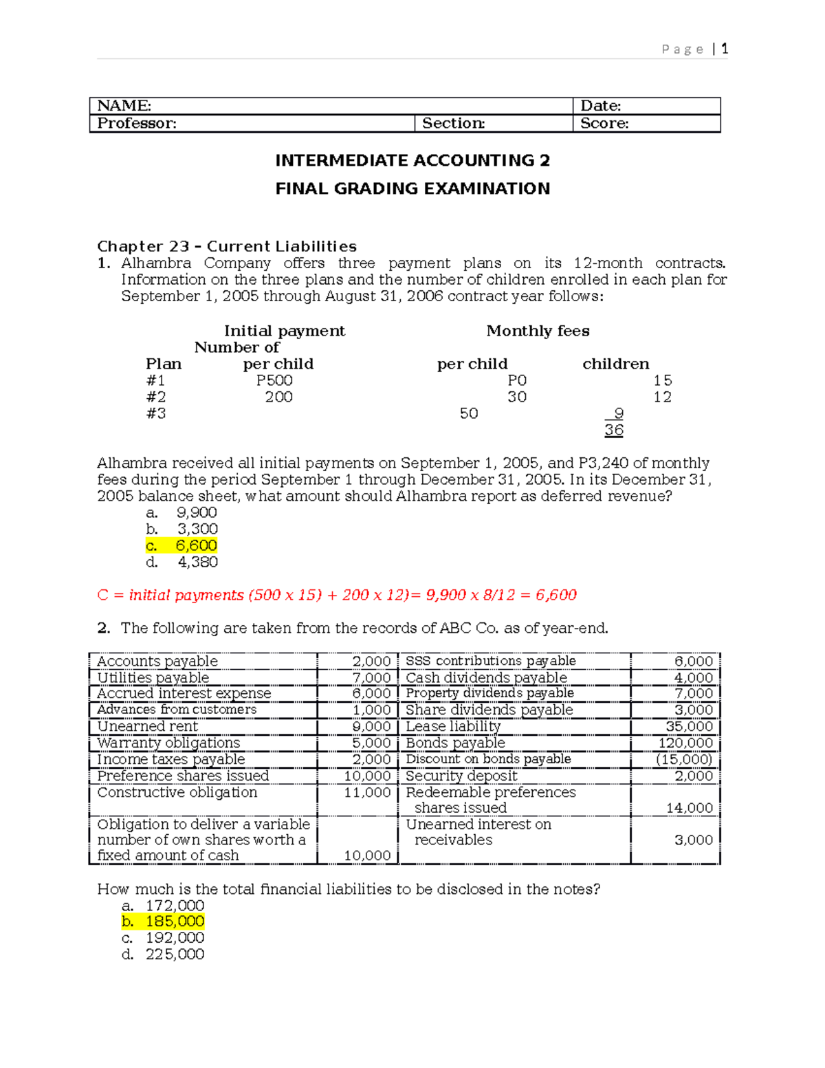 Final Grading EXAM KEYs - NAME: Date: Professor: Section: Score ...