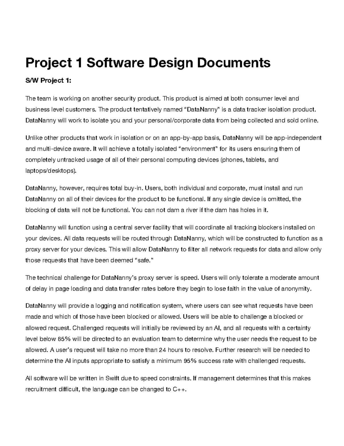 Software Design Documents - This product is aimed at both consumer