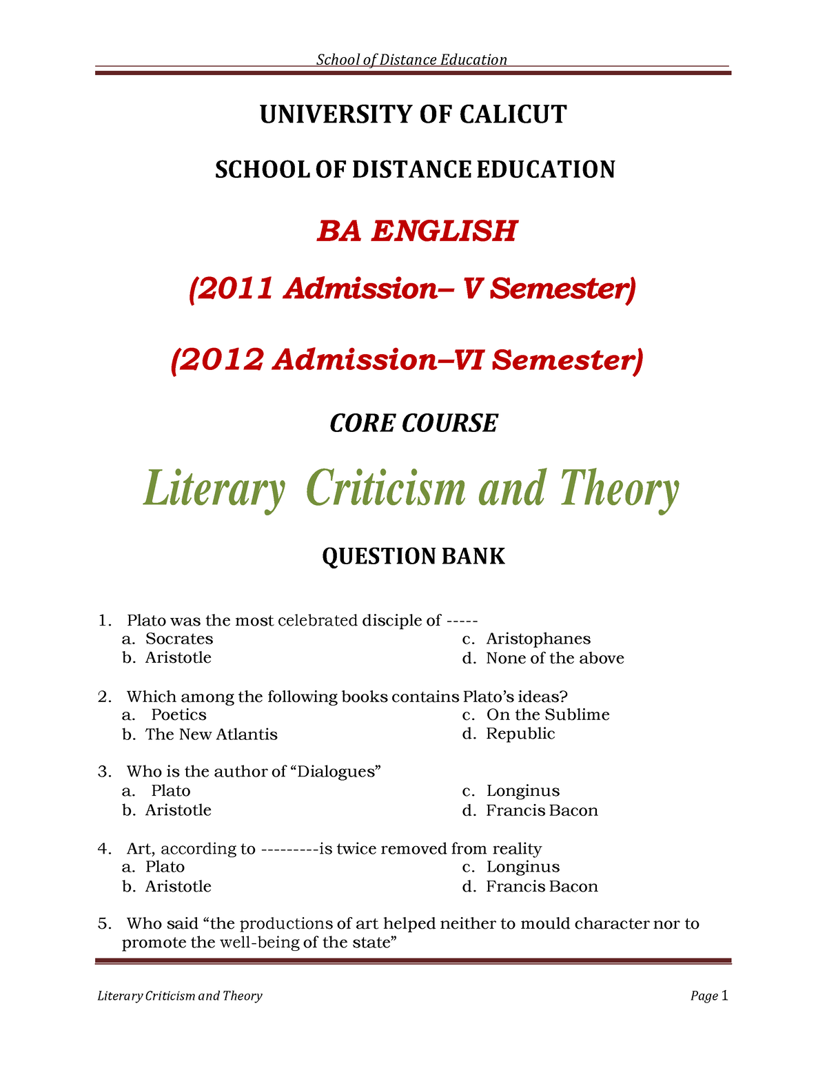 Literary Criticism AND Theory BA English Question BANK - UNIVERSITY OF ...