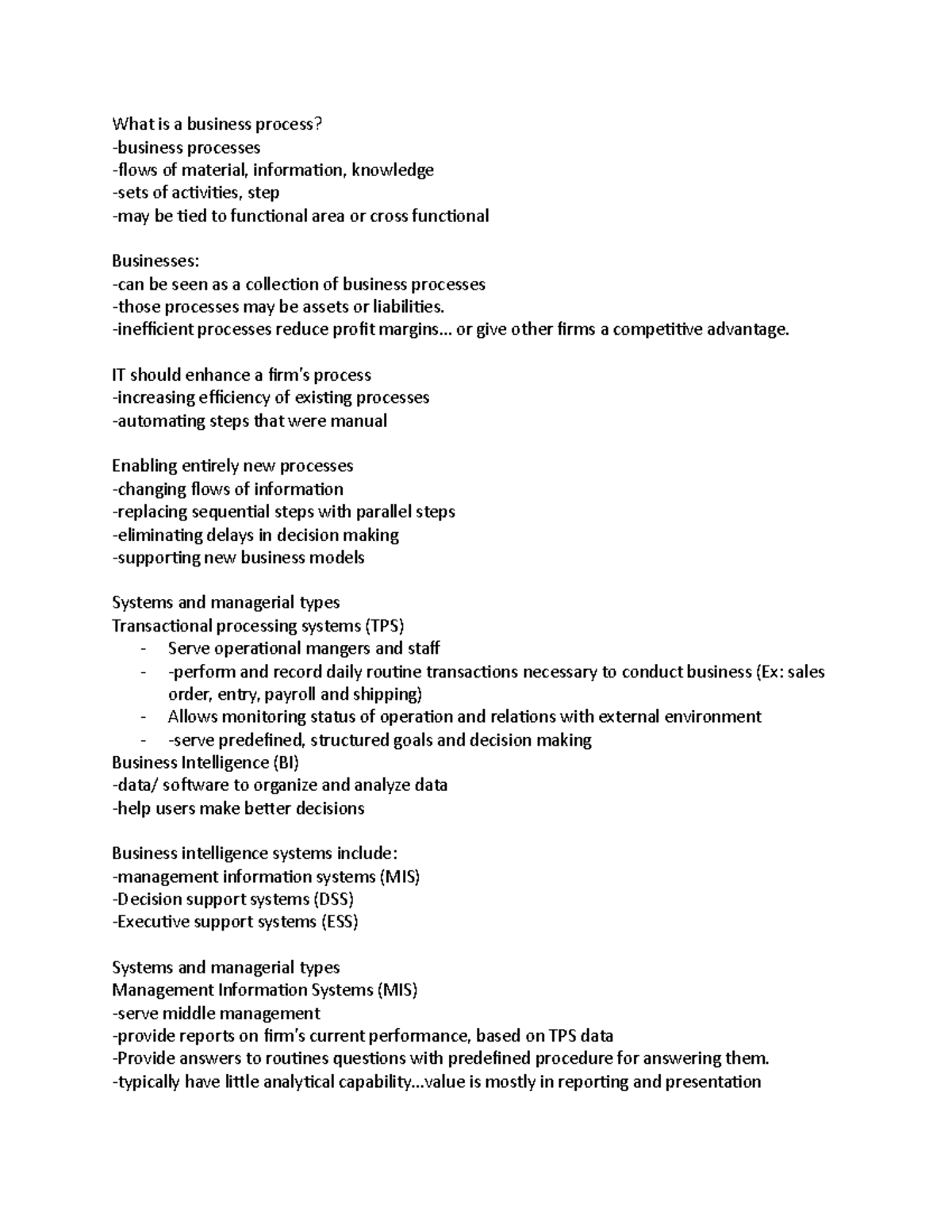 Chapter 2 MIS notes - What is a business process? -business processes ...