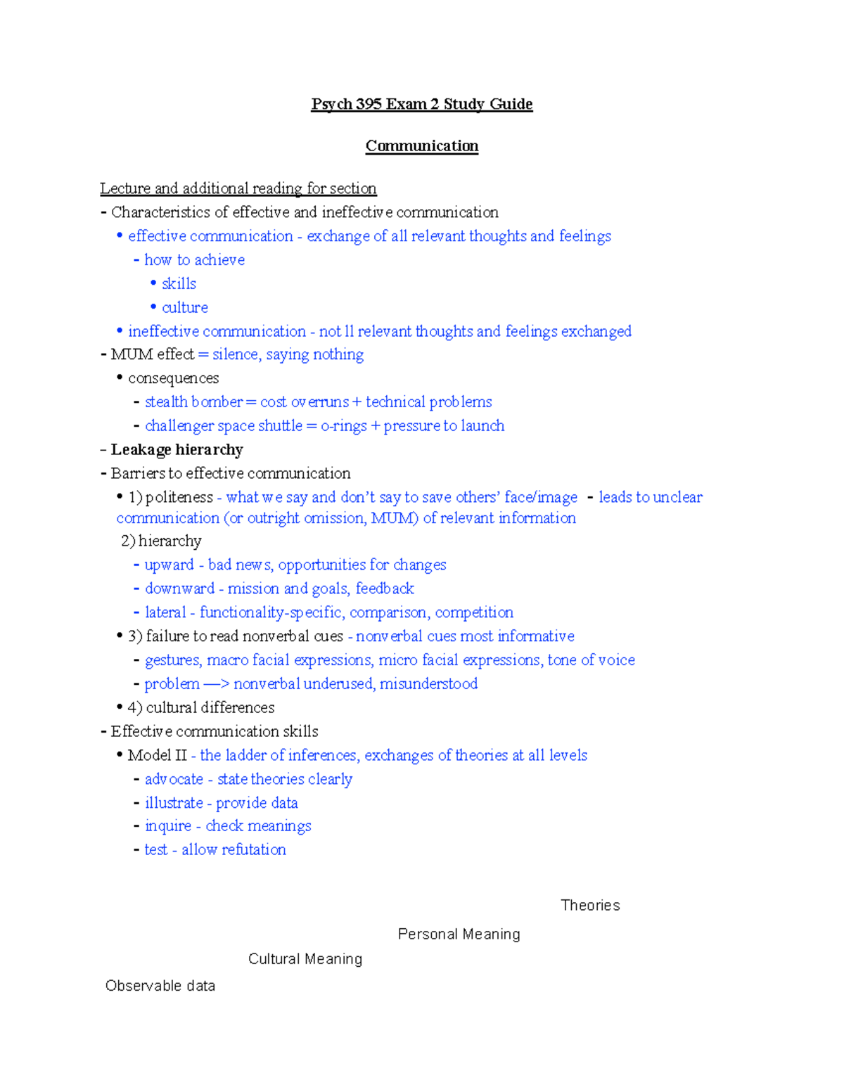 Exam 2 Study Guide - Psych 395 Exam 2 Study Guide Communication Lecture ...