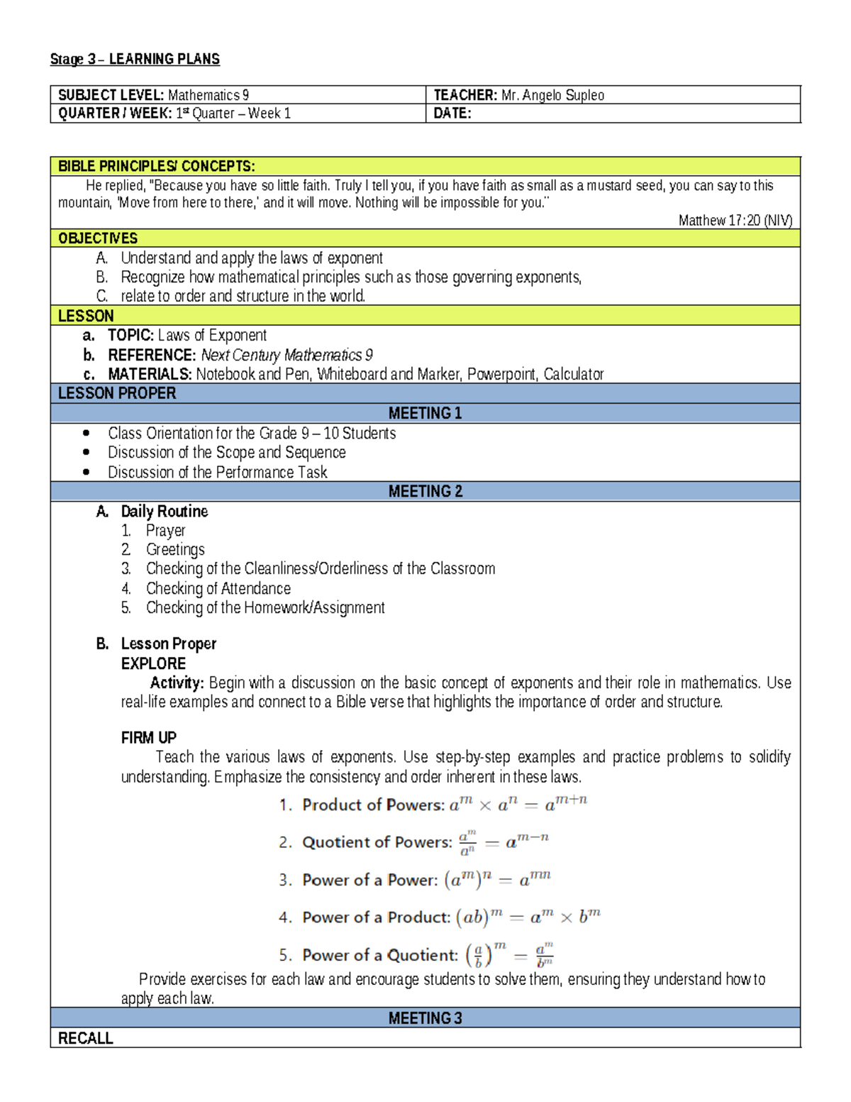 Grade 9 Weekly Plan Week 1 - Stage 3 – LEARNING PLANS SUBJECT LEVEL ...