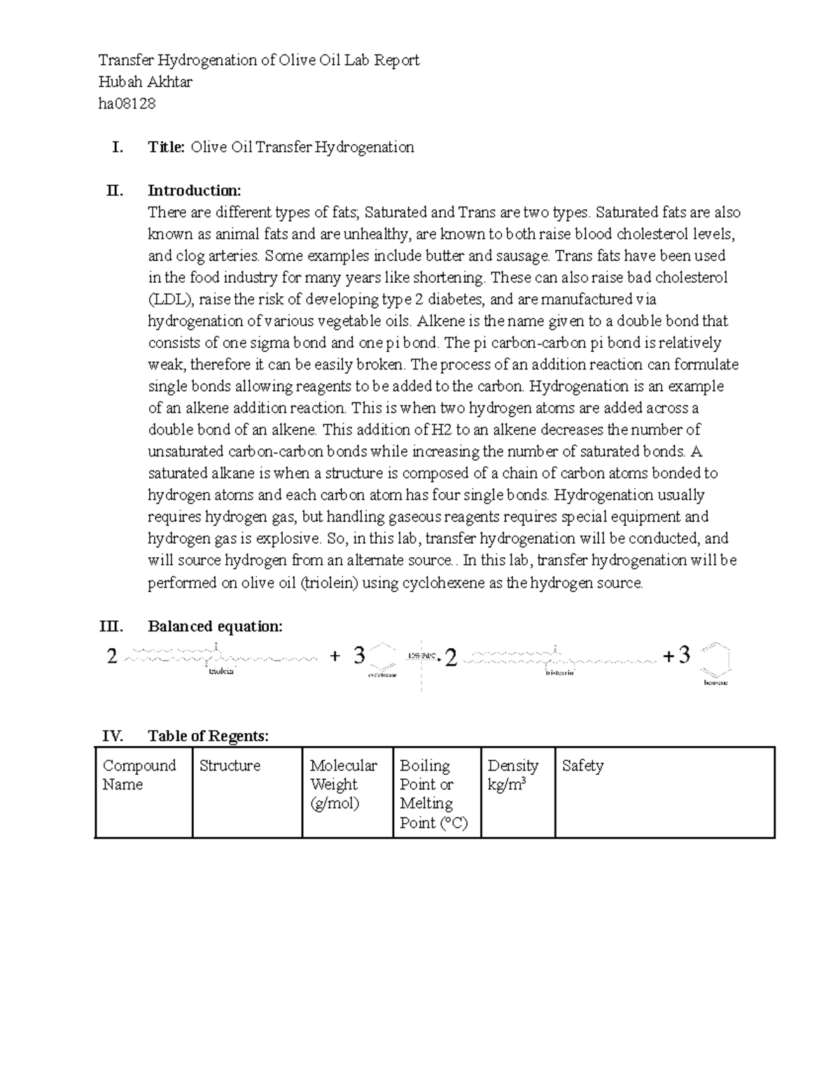 Experiment 7 Lab Report Transfer Hydrogenation of Olive Oil Lab Report Hubah Akhtar ha I