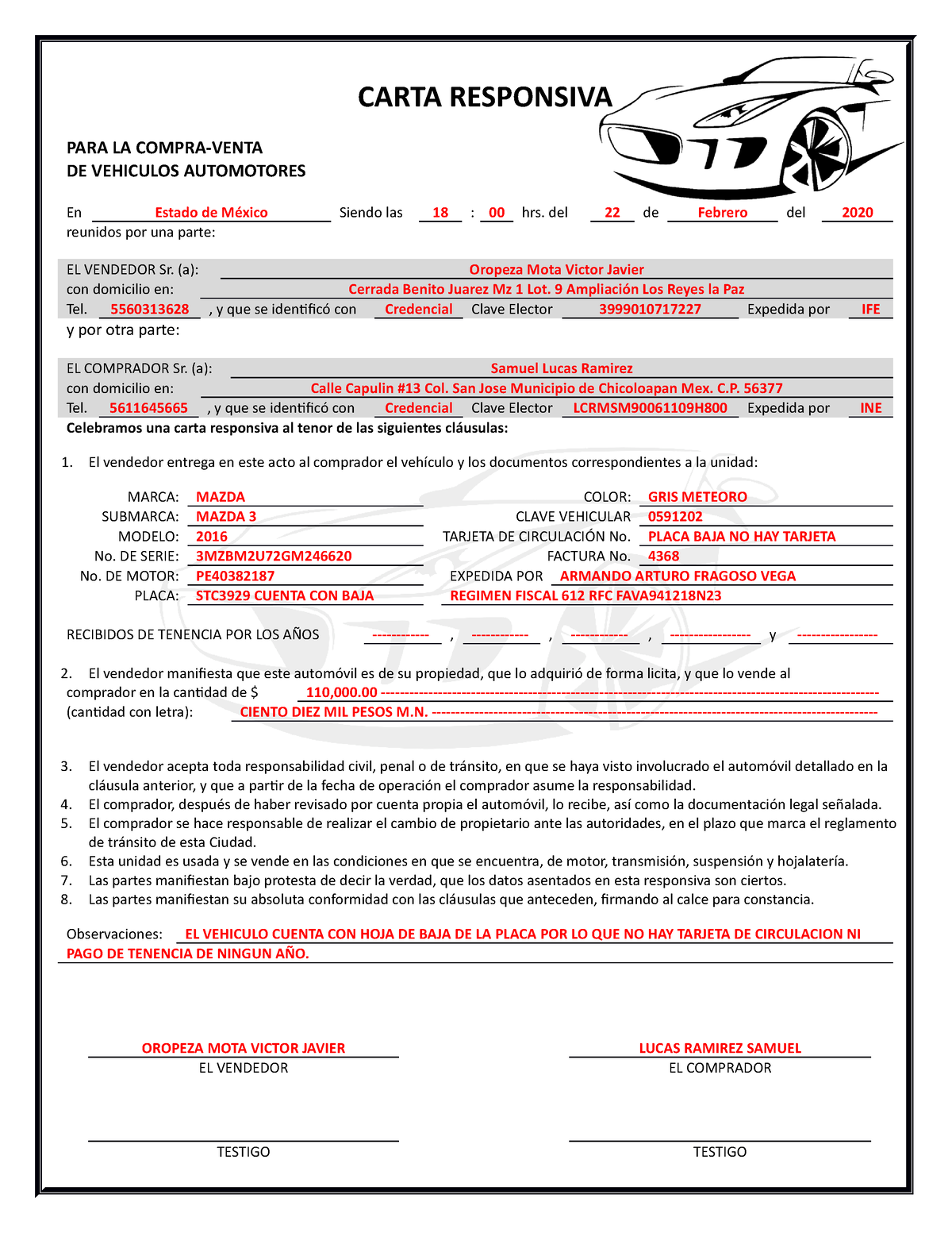 Carta Responsiva - documento 1 - CARTA RESPONSIVA PARA LA COMPRA-VENTA DE  VEHICULOS AUTOMOTORES En - Studocu