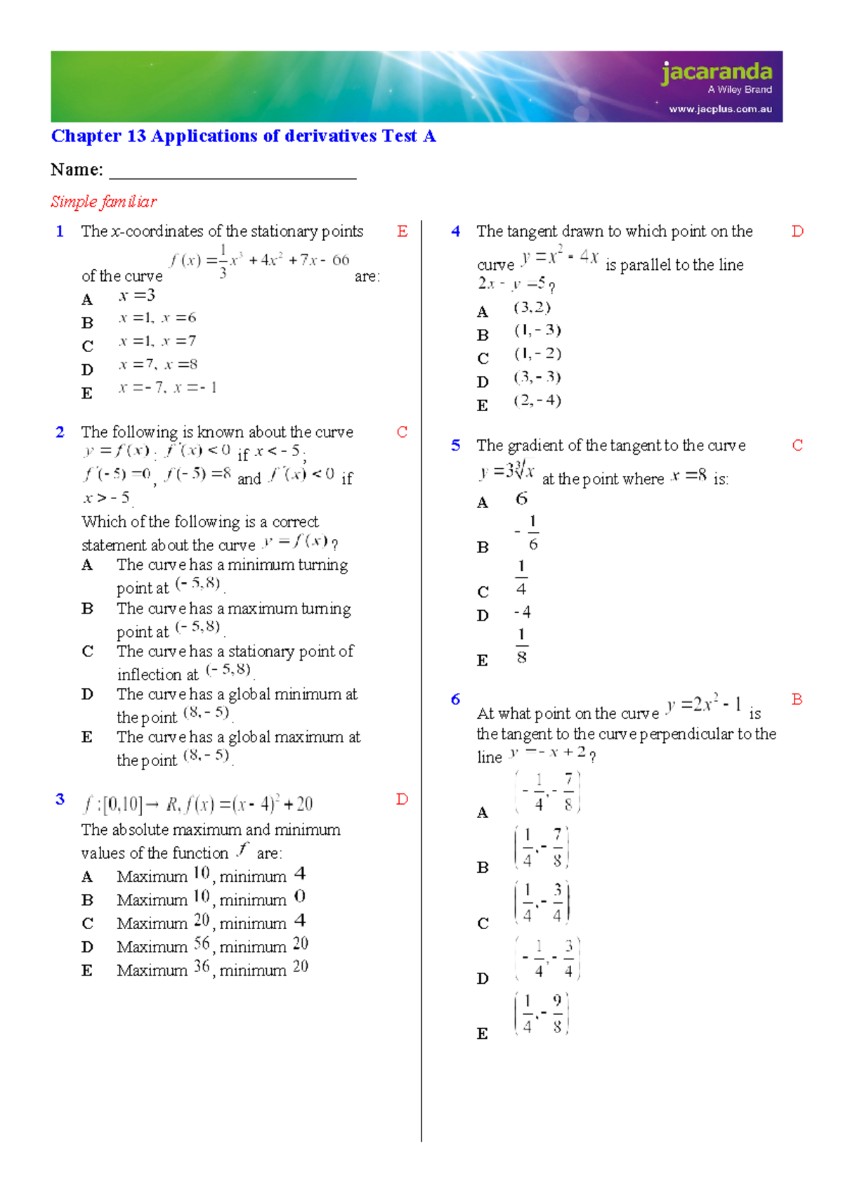 Chap 13 Test A Solution doc-30696 - Chapter 13 Applications of ...