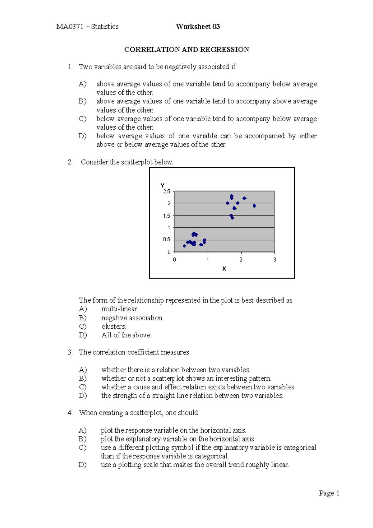 Worksheet 03 - Correlation and regression - CORRELATION AND REGRESSION ...