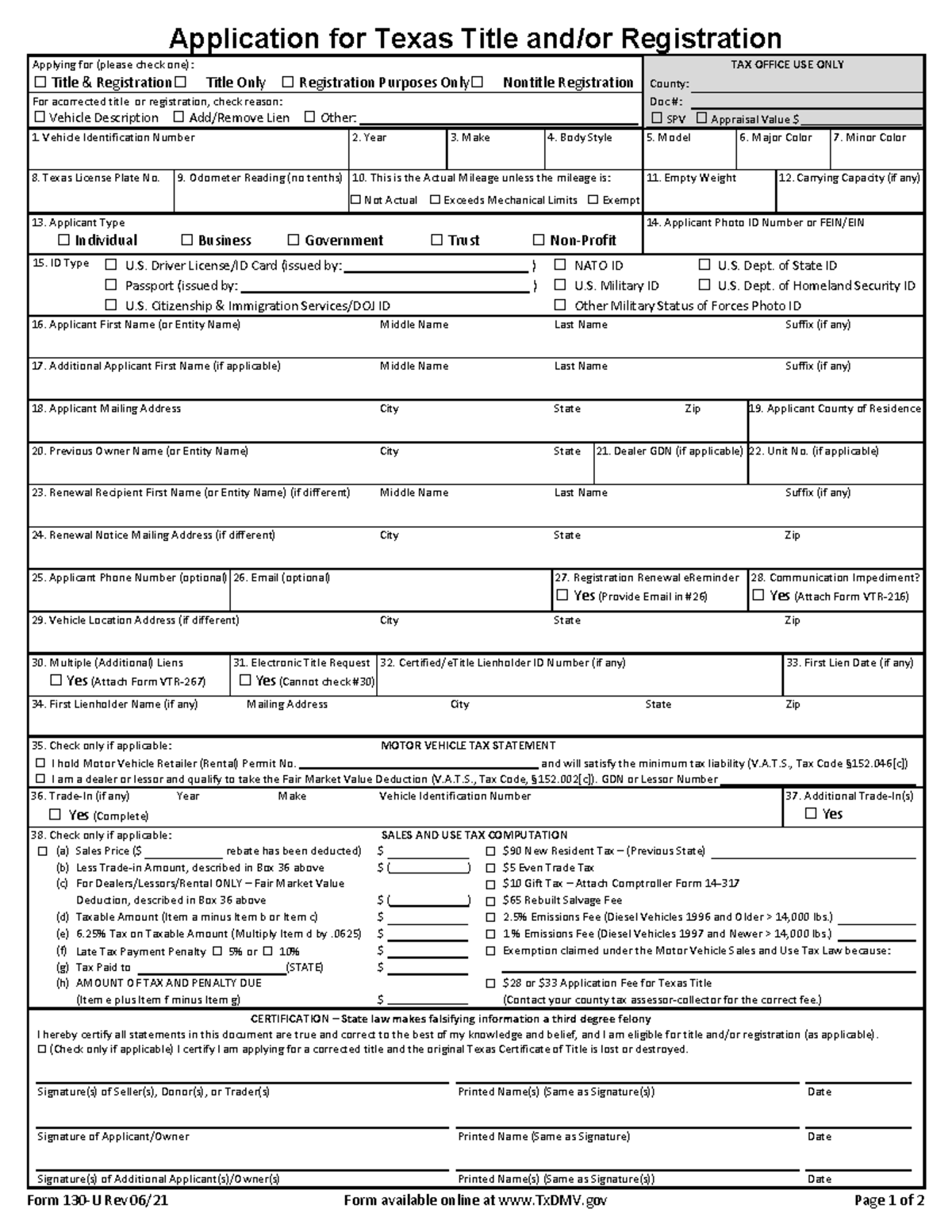Application 130-U for custom - ☐ Title &amp; Registration ☐ Title Only ☐  Registration Purposes Only - StuDocu