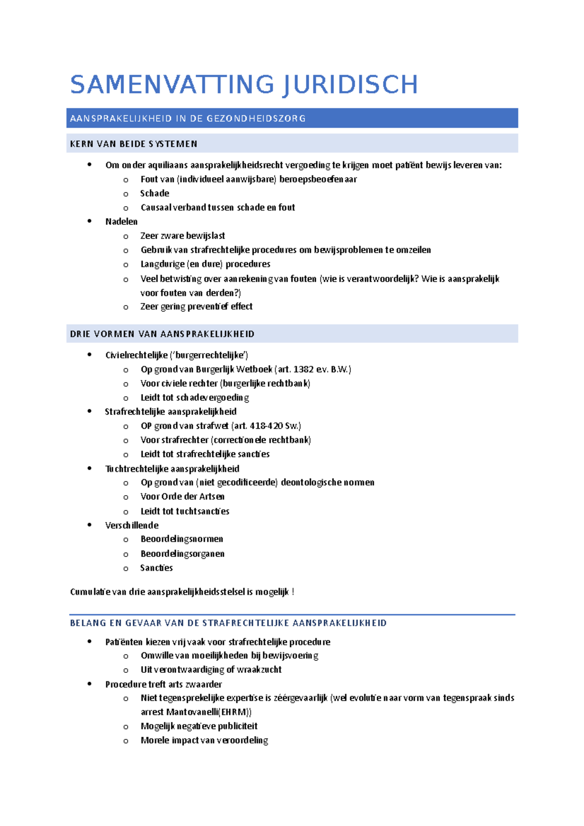 Samenvatting Juridisch Aansprakelijkheid Patiëntenrechtenwet ...