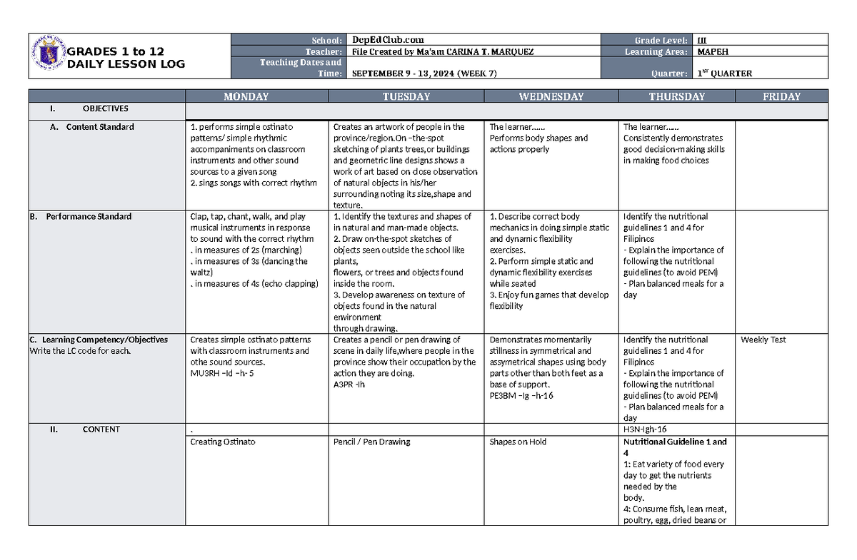 DLL Mapeh 3 Q1 W7 - DLL - GRADES 1 to 12 DAILY LESSON LOG School ...