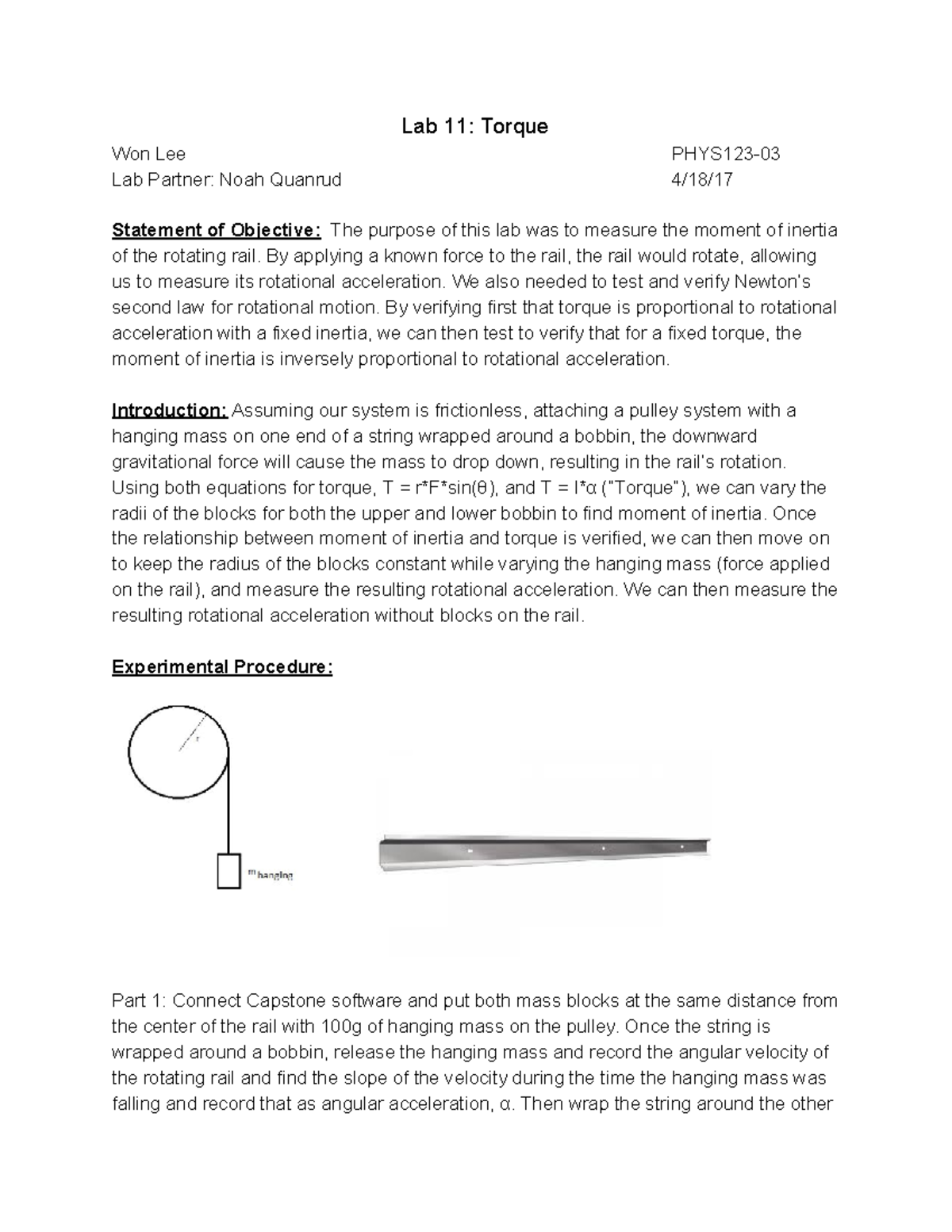 Experiment 11 Torque Lab 11 Torque Won Lee PHYS123 Lab Partner