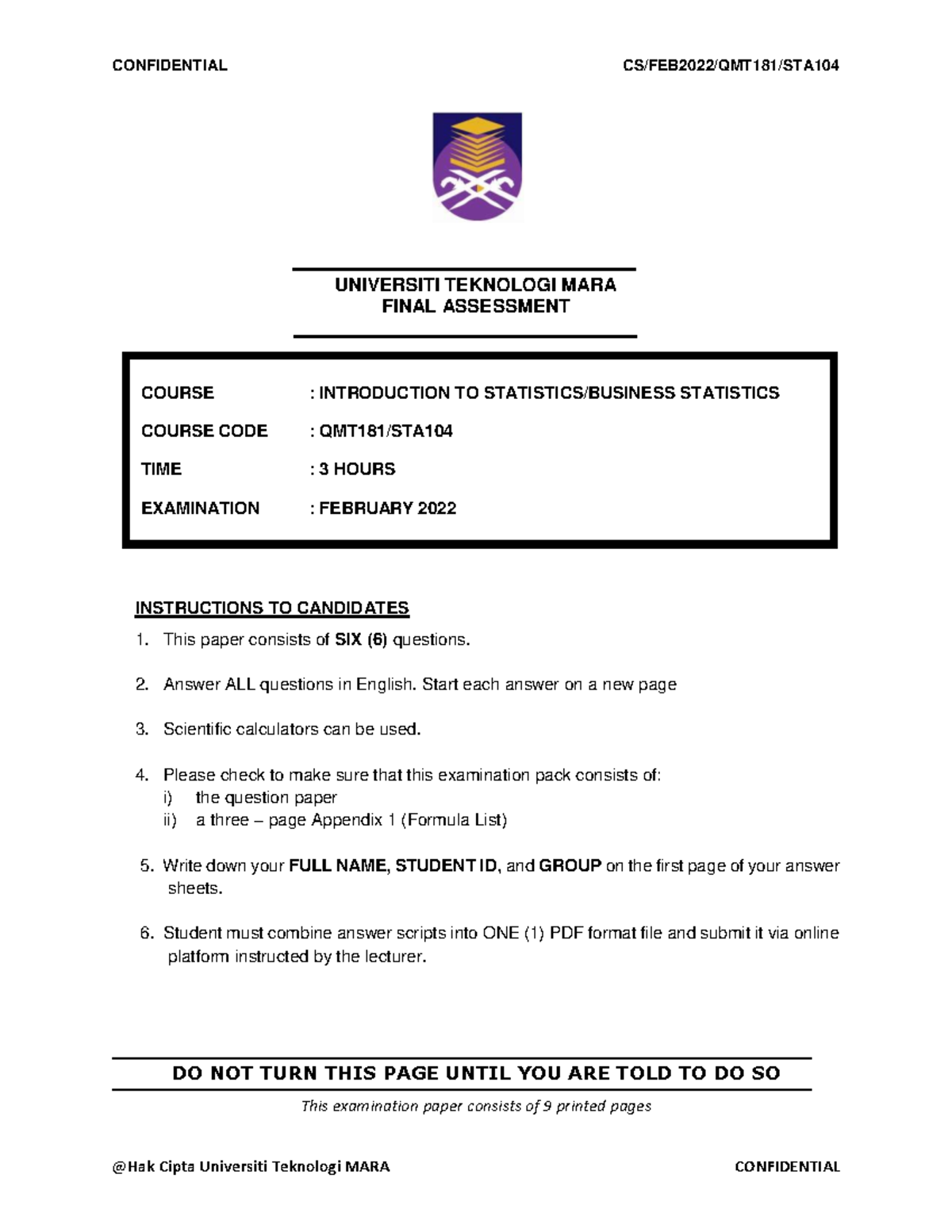 Qmt181 Final Assessment Feb2022 Set B - Universiti Teknologi Mara Final 