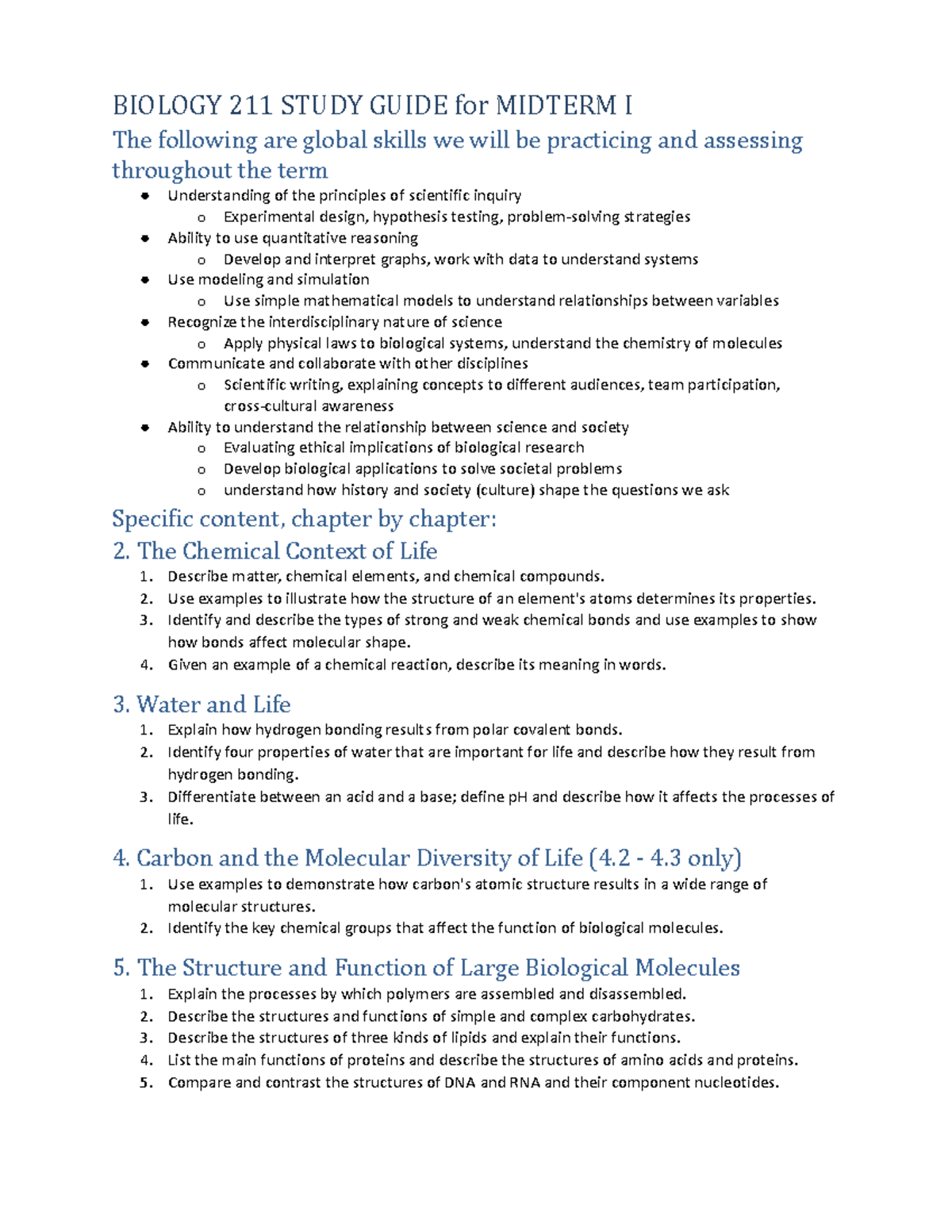 BI 211 Study Guide Midterm I - BIOLOGY 211 STUDY GUIDE for MIDTERM I ...