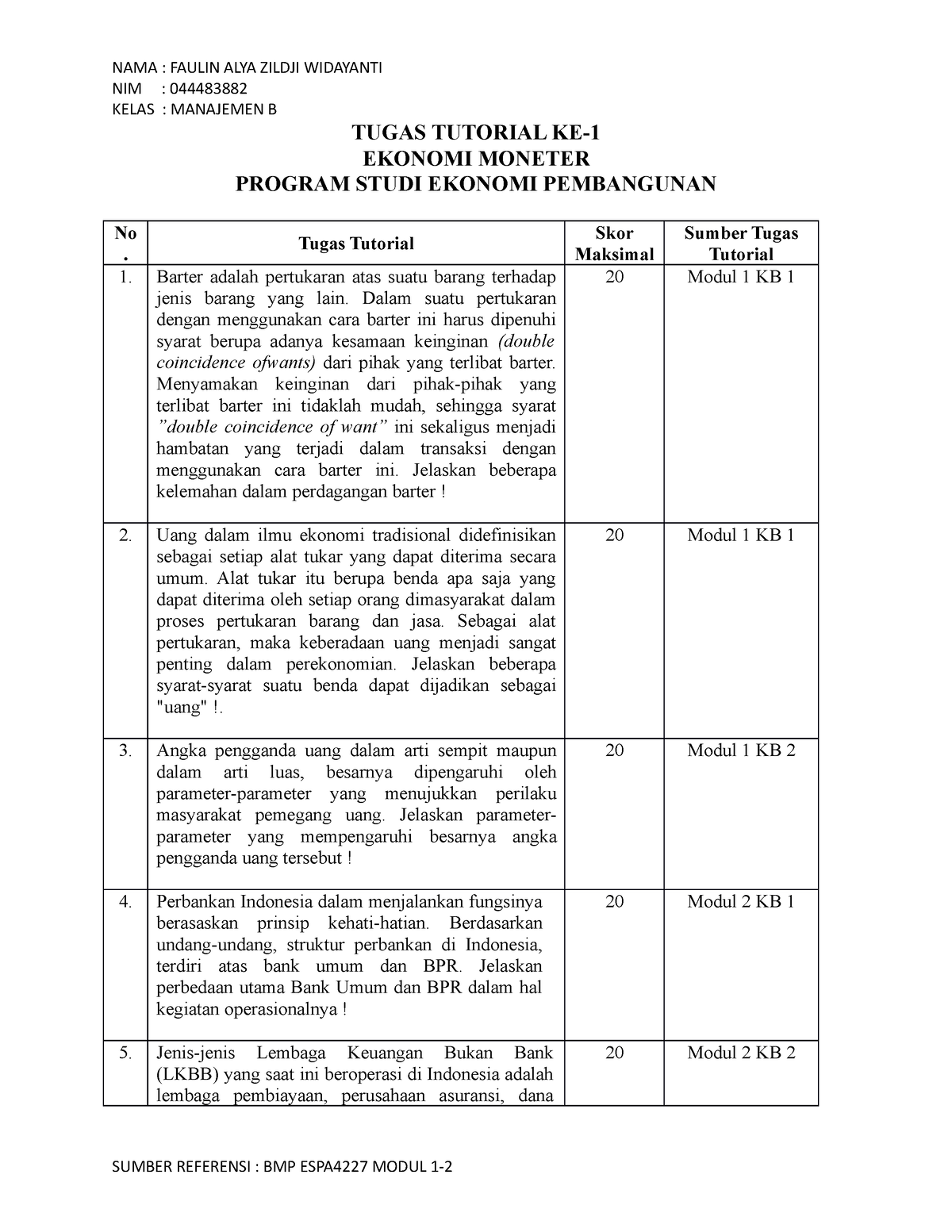 TT 1 Ekonomi Moneter - Tugas Tutorial 1 - NIM : 044483882 KELAS ...