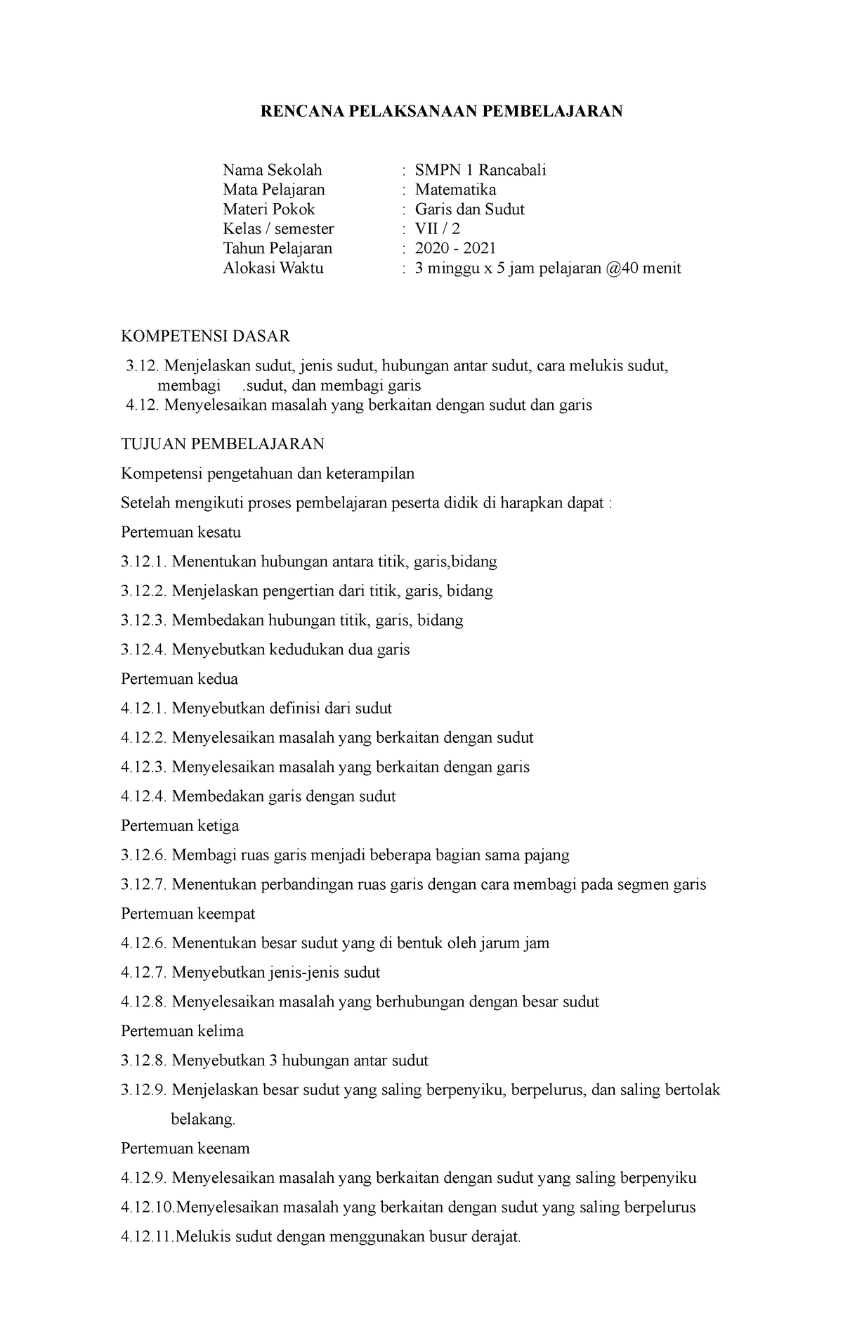 Rpp Garis Dan Sudut - Sfsdfsdf - RENCANA PELAKSANAAN PEMBELAJARAN Nama ...